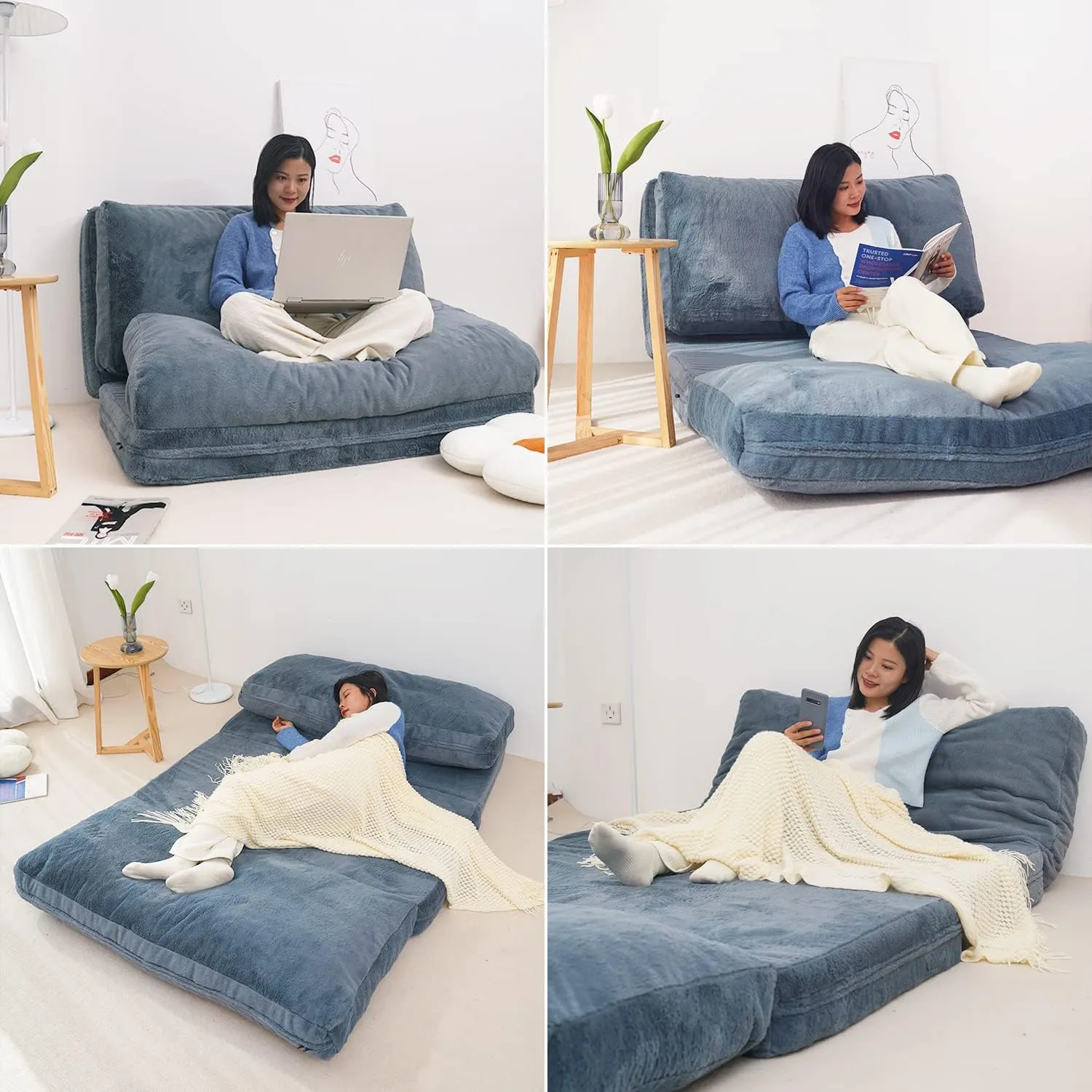 N&V Folding Matress Sofa Bean Bag Bed, Foam Filling Folding Matress Sofa, Includes Removable and Machine Washable Cover, Soft Premium Faux Fur (Medium, Blue)