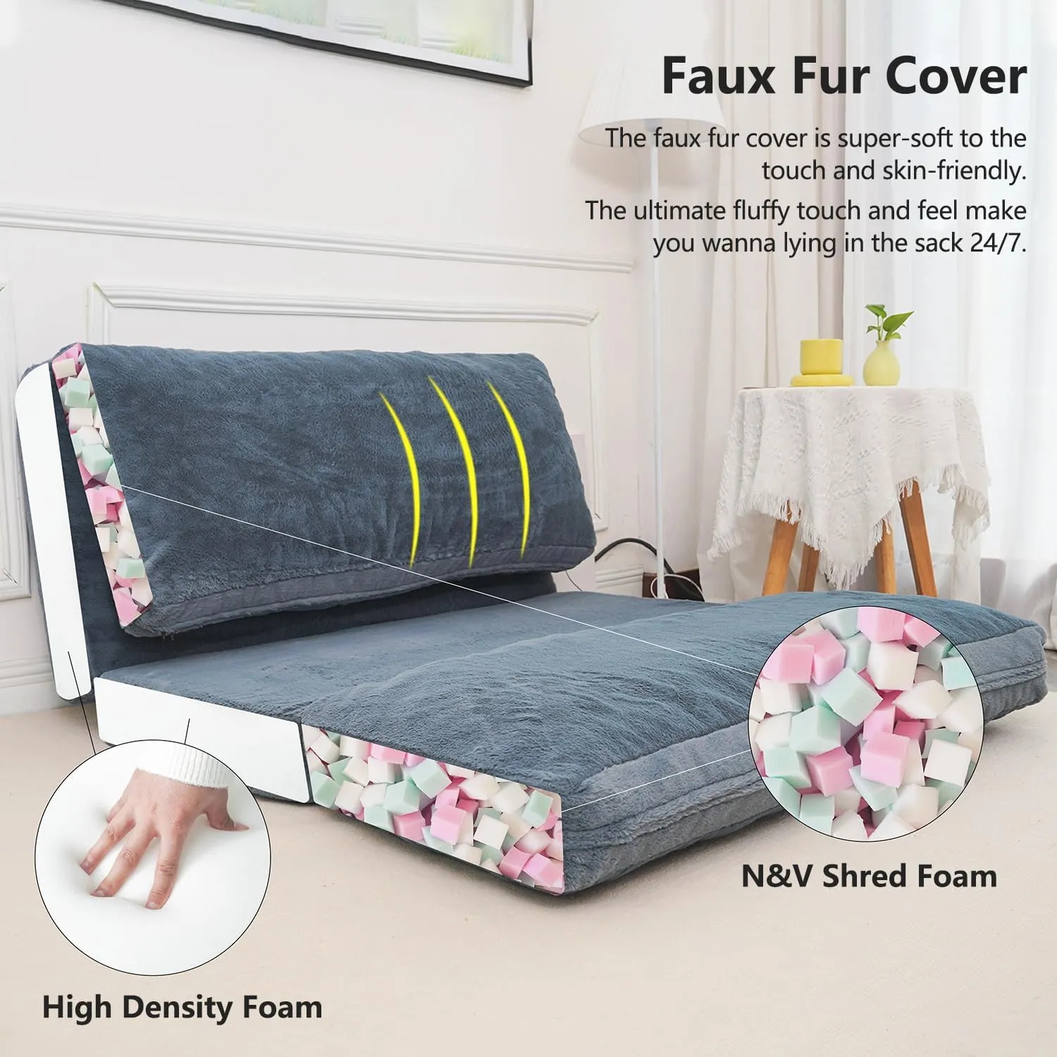 N&V Folding Matress Sofa Bean Bag Bed, Foam Filling Folding Matress Sofa, Includes Removable and Machine Washable Cover, Soft Premium Faux Fur (Medium, Blue)