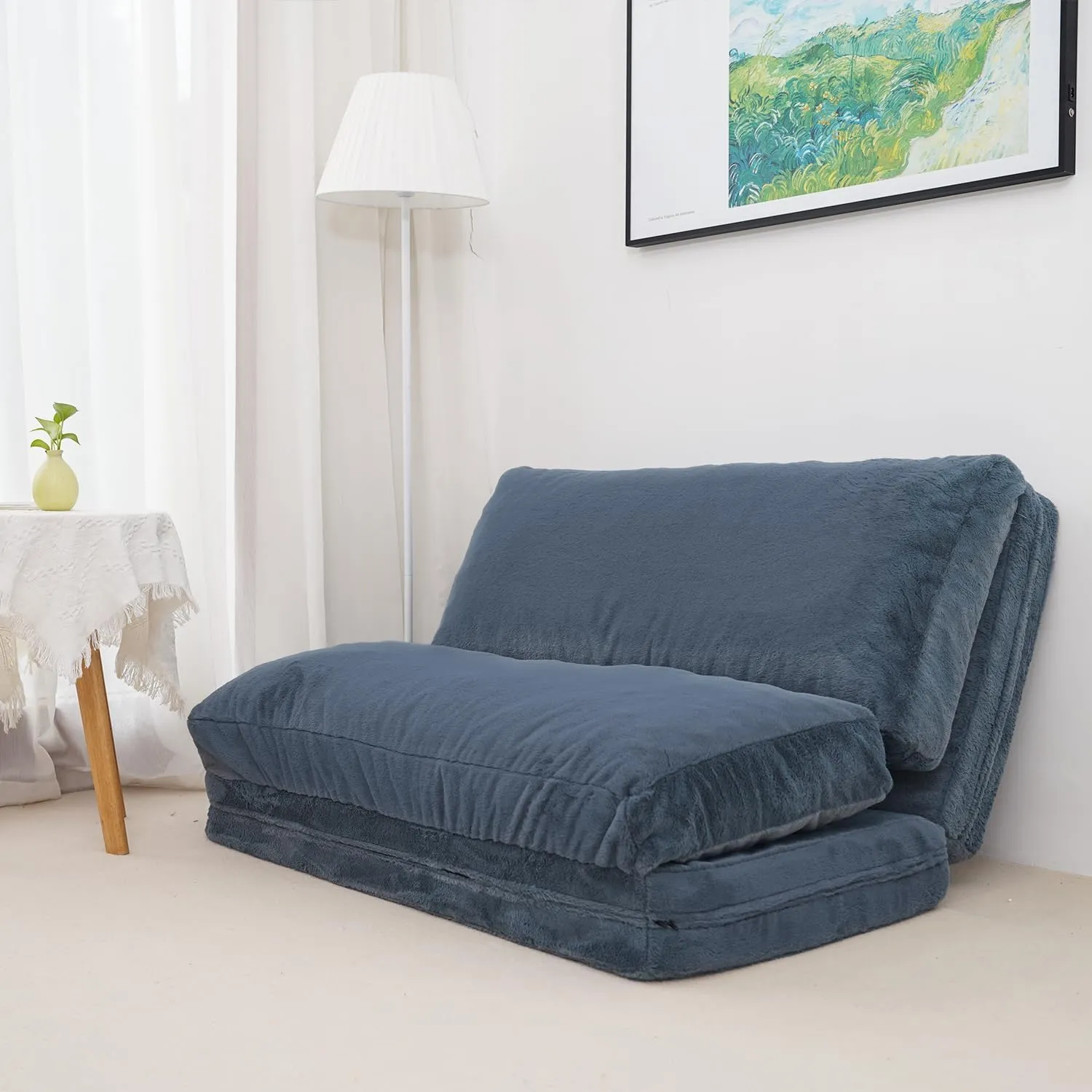 N&V Folding Matress Sofa Bean Bag Bed, Foam Filling Folding Matress Sofa, Includes Removable and Machine Washable Cover, Soft Premium Faux Fur (Medium, Blue)