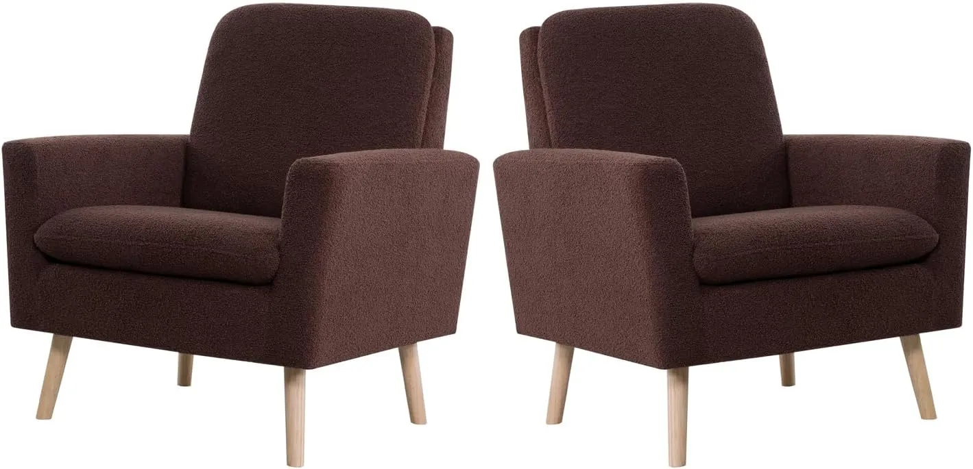 Naomi Home Frida Mid - Century Accent Chairs Set of 2 Durable Wood Frame Living Room Chairs Set of 2 Reading Chair with armrest Soft Teddy Fleece Side Chair Oak Legs arm Chairs - Espresso