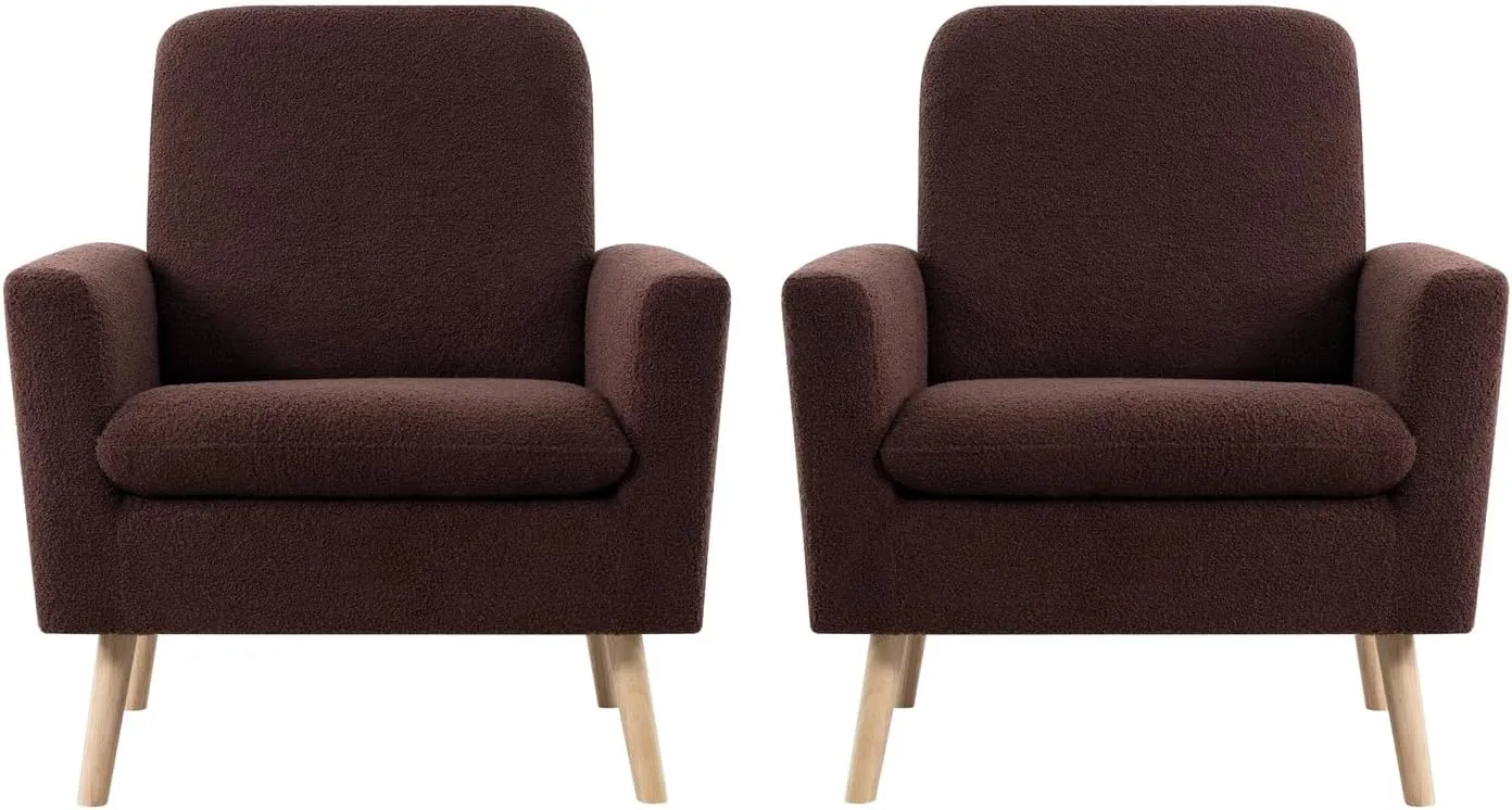 Naomi Home Frida Mid - Century Accent Chairs Set of 2 Durable Wood Frame Living Room Chairs Set of 2 Reading Chair with armrest Soft Teddy Fleece Side Chair Oak Legs arm Chairs - Espresso