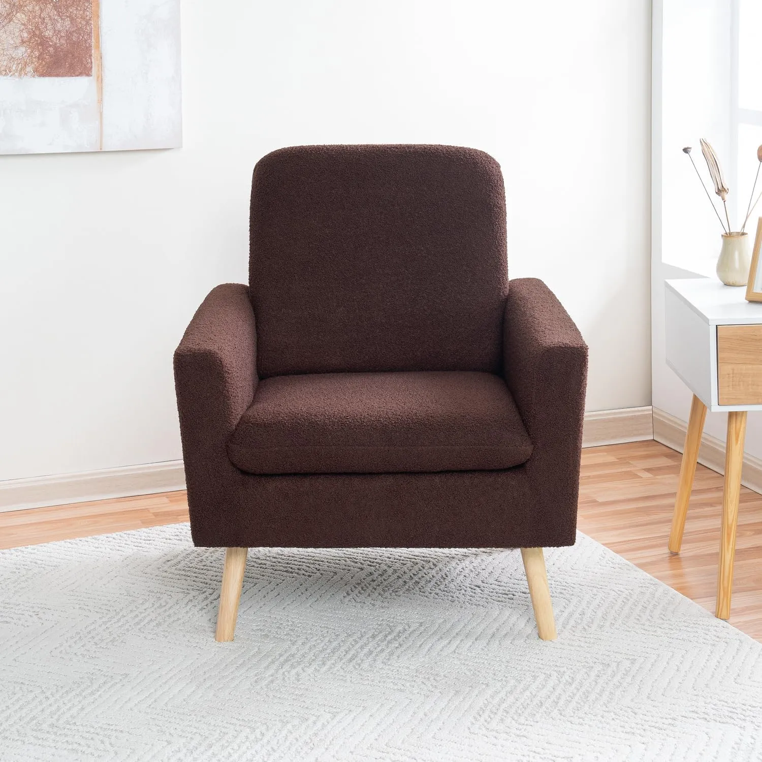 Naomi Home Frida Mid - Century Accent Chairs Set of 2 Durable Wood Frame Living Room Chairs Set of 2 Reading Chair with armrest Soft Teddy Fleece Side Chair Oak Legs arm Chairs - Espresso
