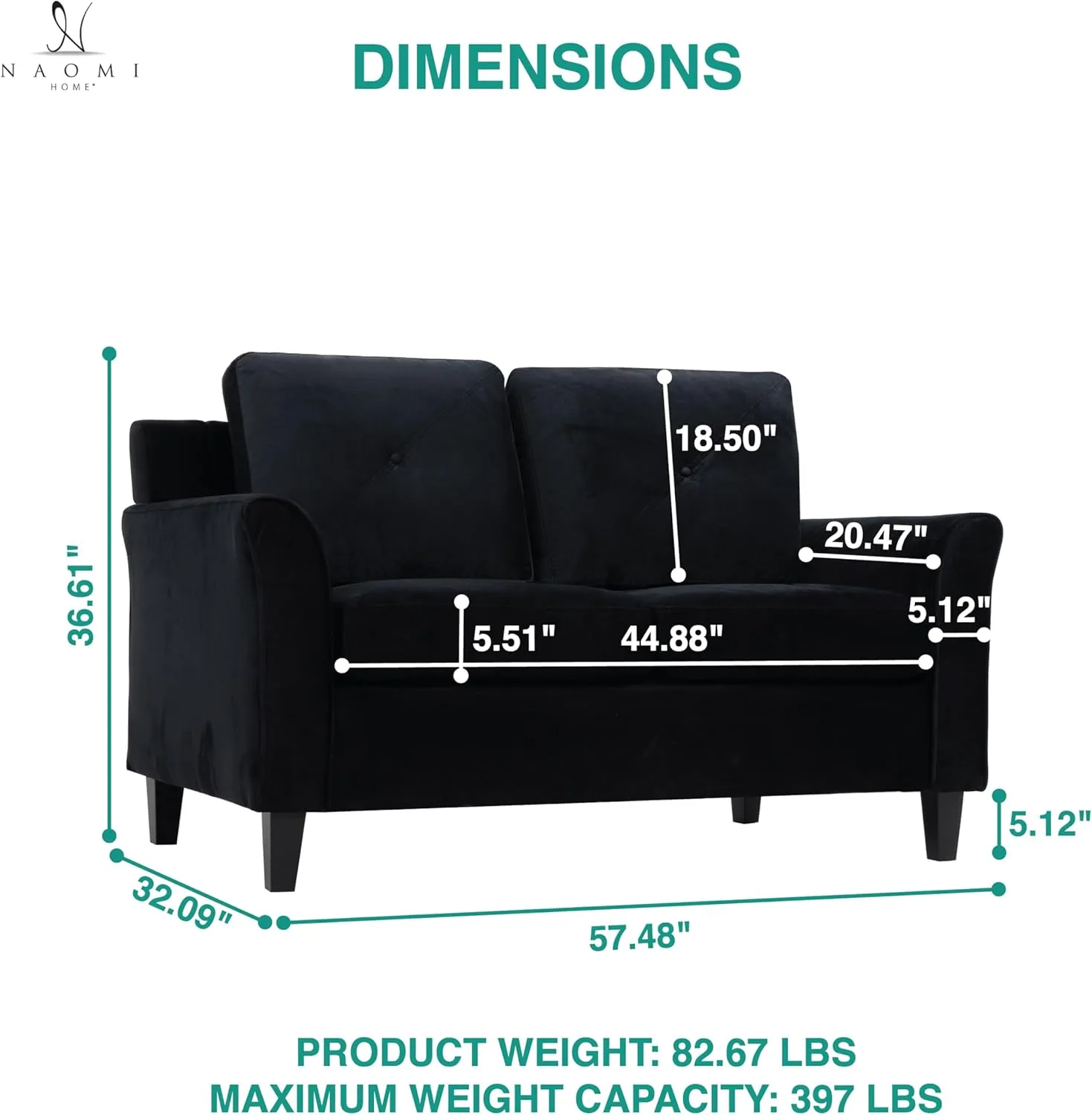 Naomi Home Modern Button Tufted Microfiber Loveseat, Love Seat Sofa Bed Sleeper with Rolled Arms, Mini Love Seats Sofas, 2 Seater Small Loveseats for Small Spaces, Living Room Furniture Sets - Black