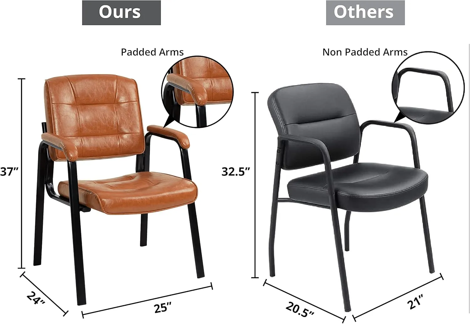 Naomi Home Office Guest and Reception Chairs with Extra Seating Area, Padded Arms and Back Support, Office Chair with No Wheels Set of 2, Silla de Oficina - Faux Leather, Caramel