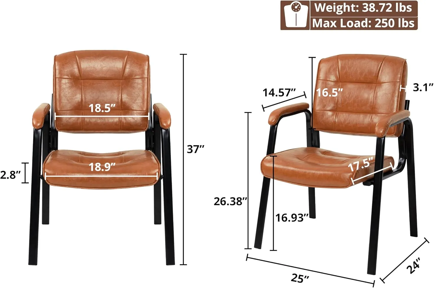 Naomi Home Office Guest and Reception Chairs with Extra Seating Area, Padded Arms and Back Support, Office Chair with No Wheels Set of 2, Silla de Oficina - Faux Leather, Caramel