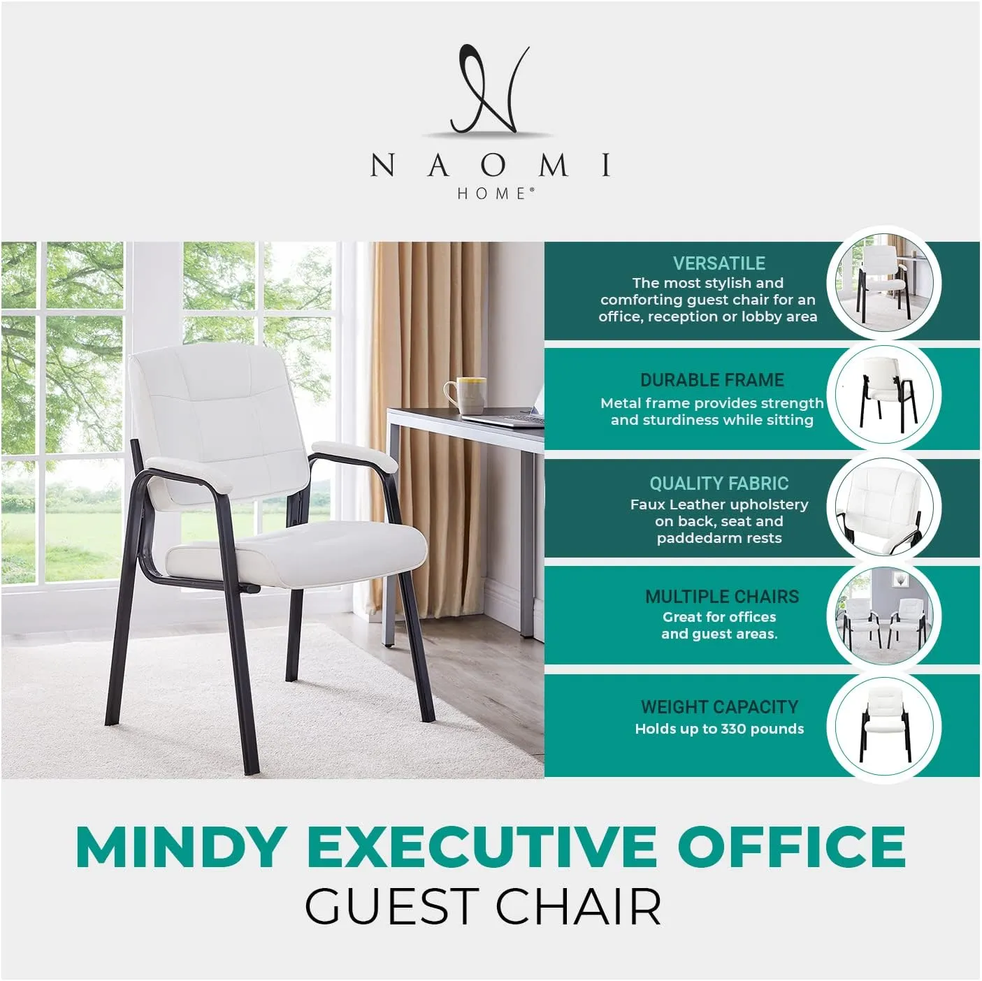 Naomi Home Office Guest and Reception Chairs with Extra Seating Area, Padded Arms and Back Support, Office Chair with No Wheels Set of 2, Silla de Oficina - Faux Leather, Caramel