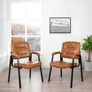 Naomi Home Office Guest and Reception Chairs with Extra Seating Area, Padded Arms and Back Support, Office Chair with No Wheels Set of 2, Silla de Oficina - Faux Leather, Caramel