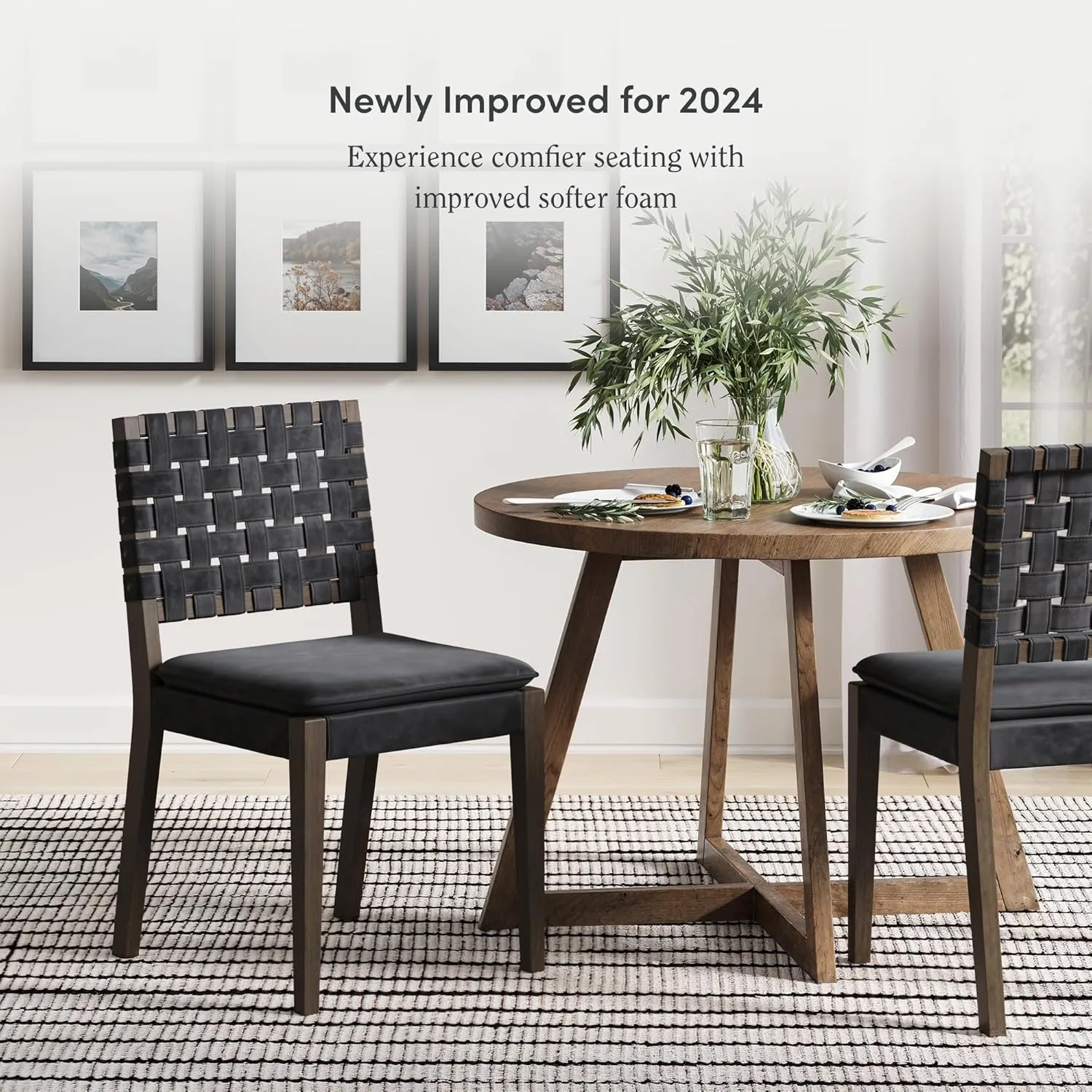 Nathan James Cohen 19 in. Wood Dining Chair, Mid-Century Modern Upholstered Side Chair with Hand Woven Faux Leather Backrest, Black