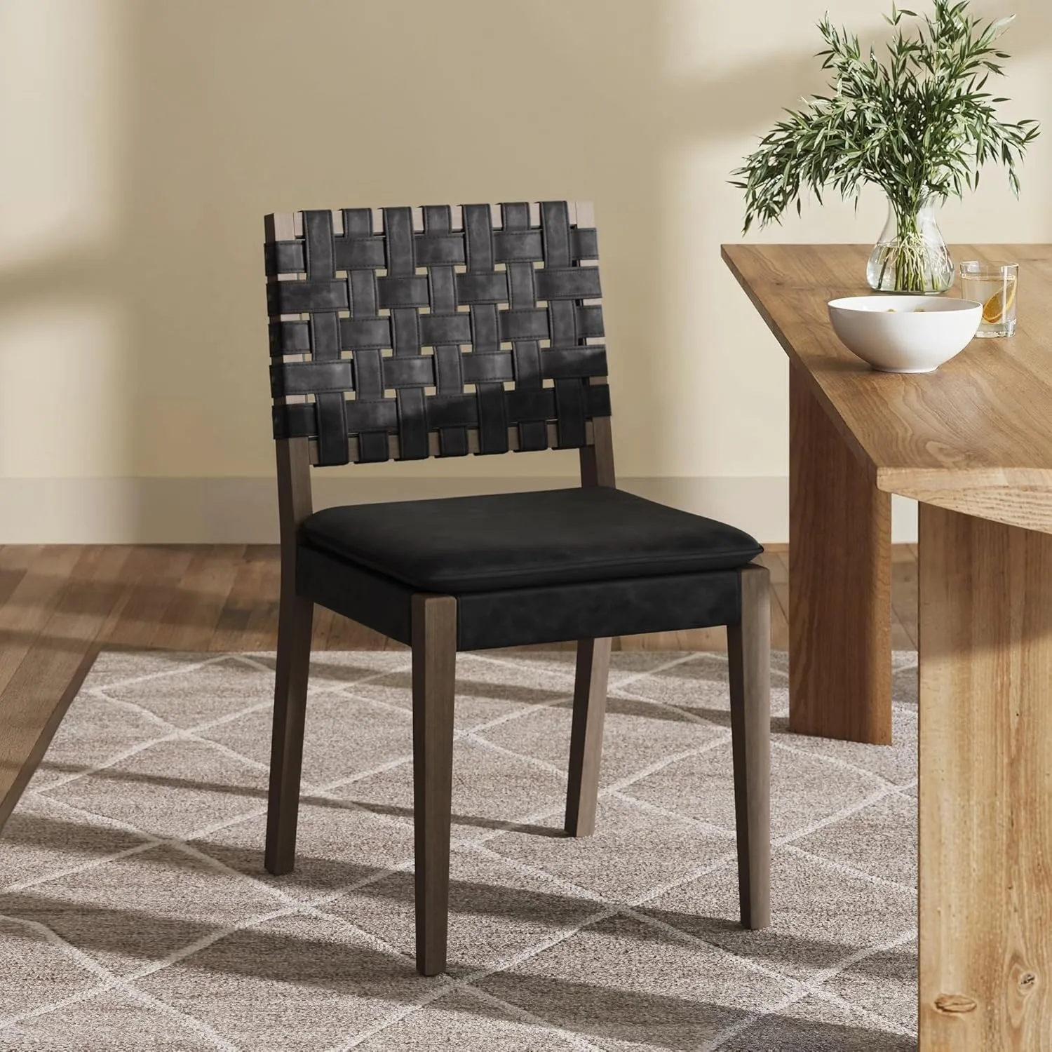Nathan James Cohen 19 in. Wood Dining Chair, Mid-Century Modern Upholstered Side Chair with Hand Woven Faux Leather Backrest, Black