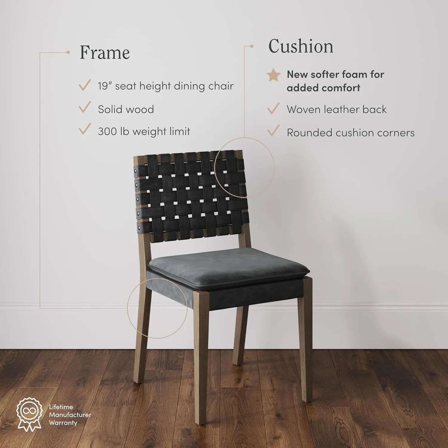 Nathan James Cohen 19 in. Wood Dining Chair, Mid-Century Modern Upholstered Side Chair with Hand Woven Faux Leather Backrest, Black