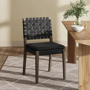 Nathan James Cohen 19 in. Wood Dining Chair, Mid-Century Modern Upholstered Side Chair with Hand Woven Faux Leather Backrest, Black