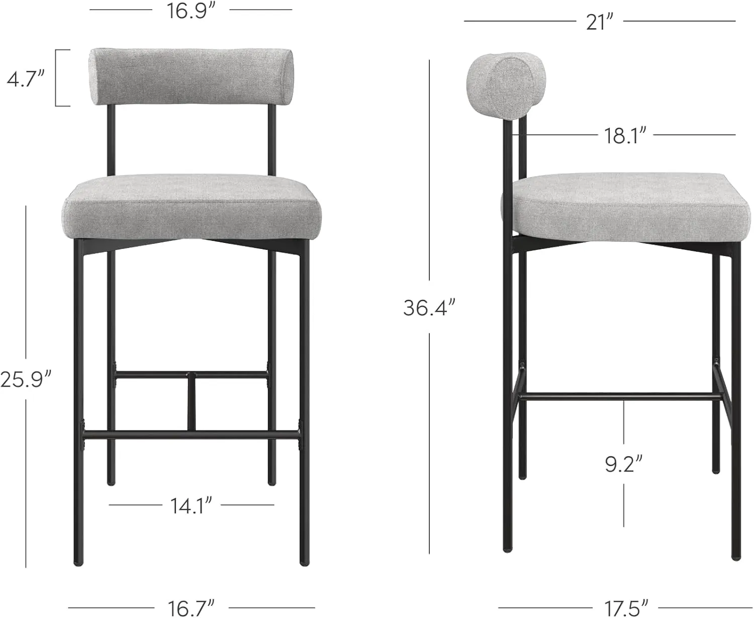 Nathan James Dahlia Counter Height Chair, Modern Barstool with Back, Mid-Century Metal Legs and Padded Cushion for Kitchen, Island and Bars, Light Grey/Black, Set of 2