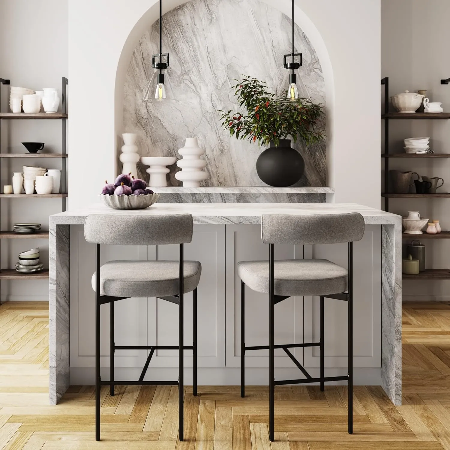 Nathan James Dahlia Counter Height Chair, Modern Barstool with Back, Mid-Century Metal Legs and Padded Cushion for Kitchen, Island and Bars, Light Grey/Black, Set of 2