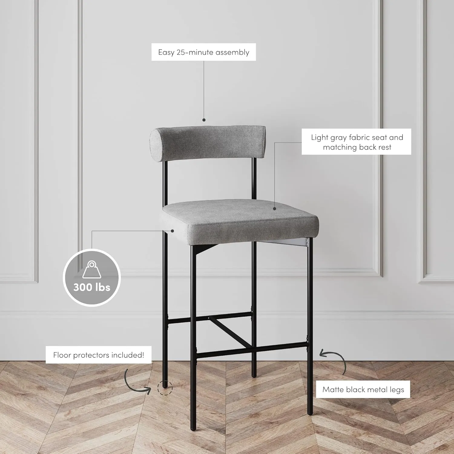 Nathan James Dahlia Counter Height Chair, Modern Barstool with Back, Mid-Century Metal Legs and Padded Cushion for Kitchen, Island and Bars, Light Grey/Black, Set of 2