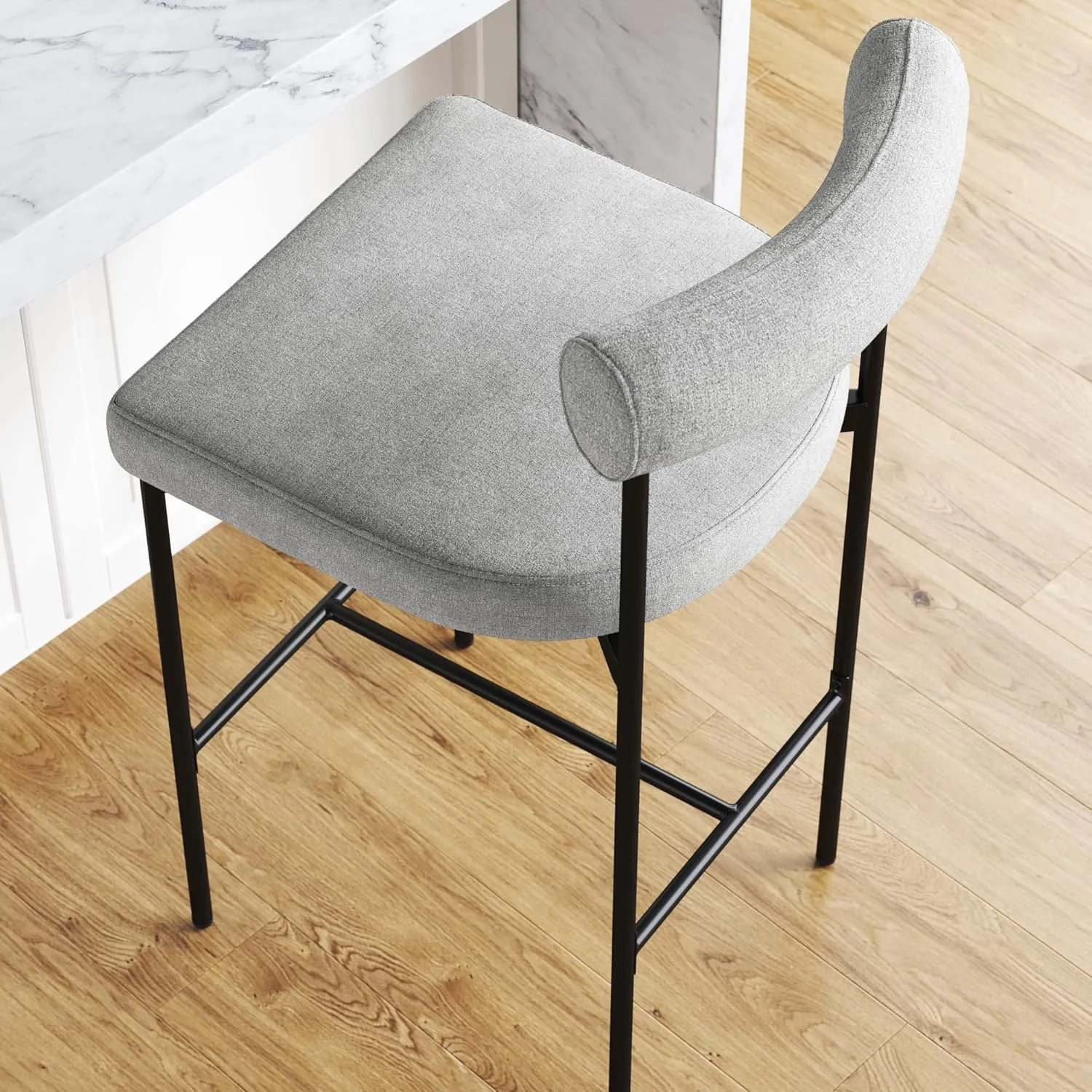 Nathan James Dahlia Counter Height Chair, Modern Barstool with Back, Mid-Century Metal Legs and Padded Cushion for Kitchen, Island and Bars, Light Grey/Black, Set of 2