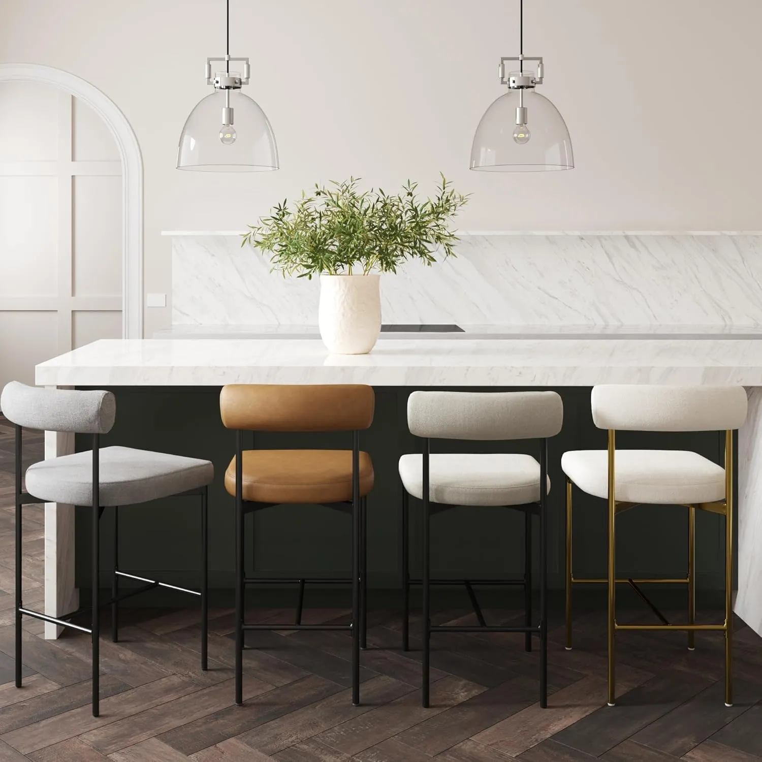 Nathan James Dahlia Counter Height Chair, Modern Barstool with Back, Mid-Century Metal Legs and Padded Cushion for Kitchen, Island and Bars, Light Grey/Black, Set of 2