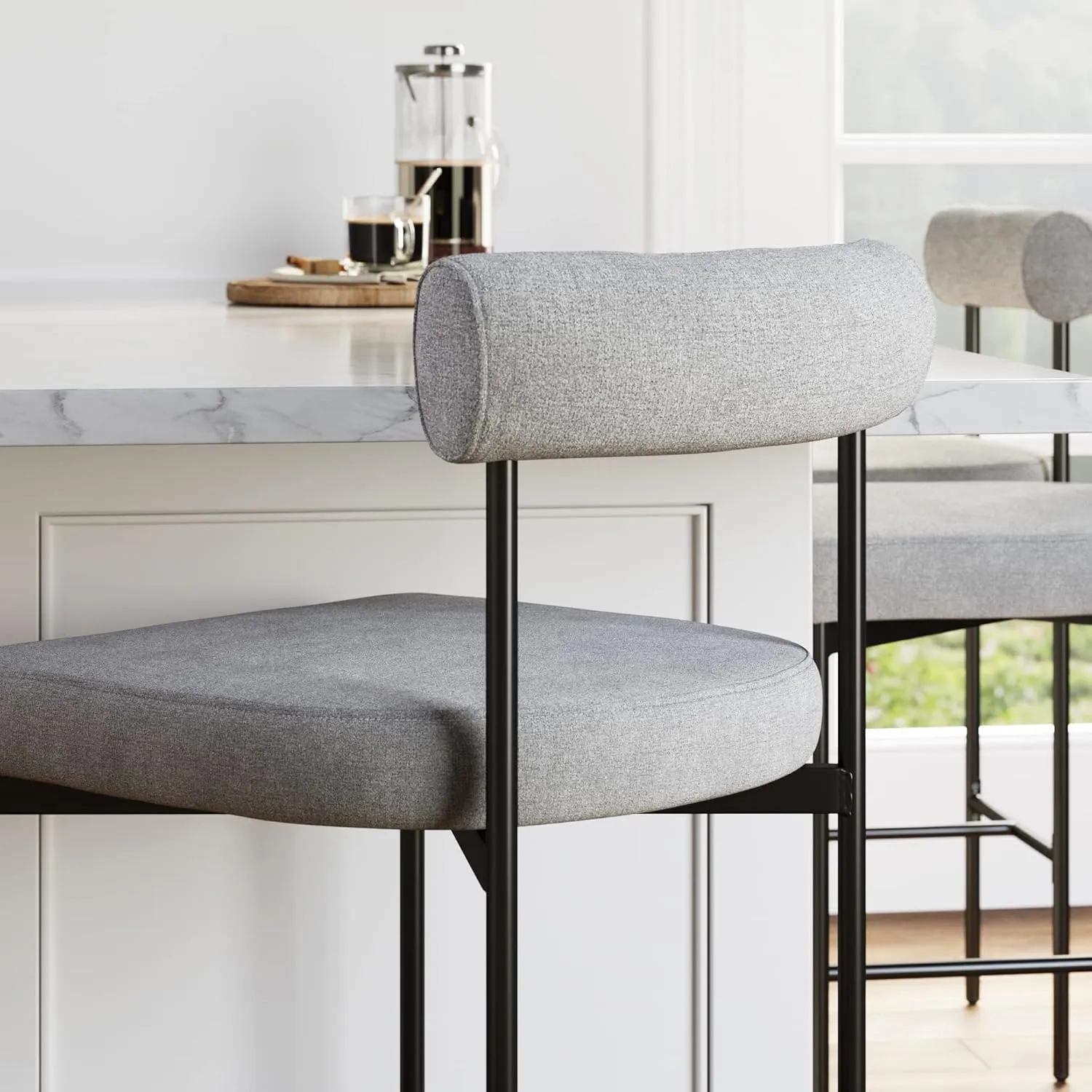 Nathan James Dahlia Counter Height Chair, Modern Barstool with Back, Mid-Century Metal Legs and Padded Cushion for Kitchen, Island and Bars, Light Grey/Black, Set of 2