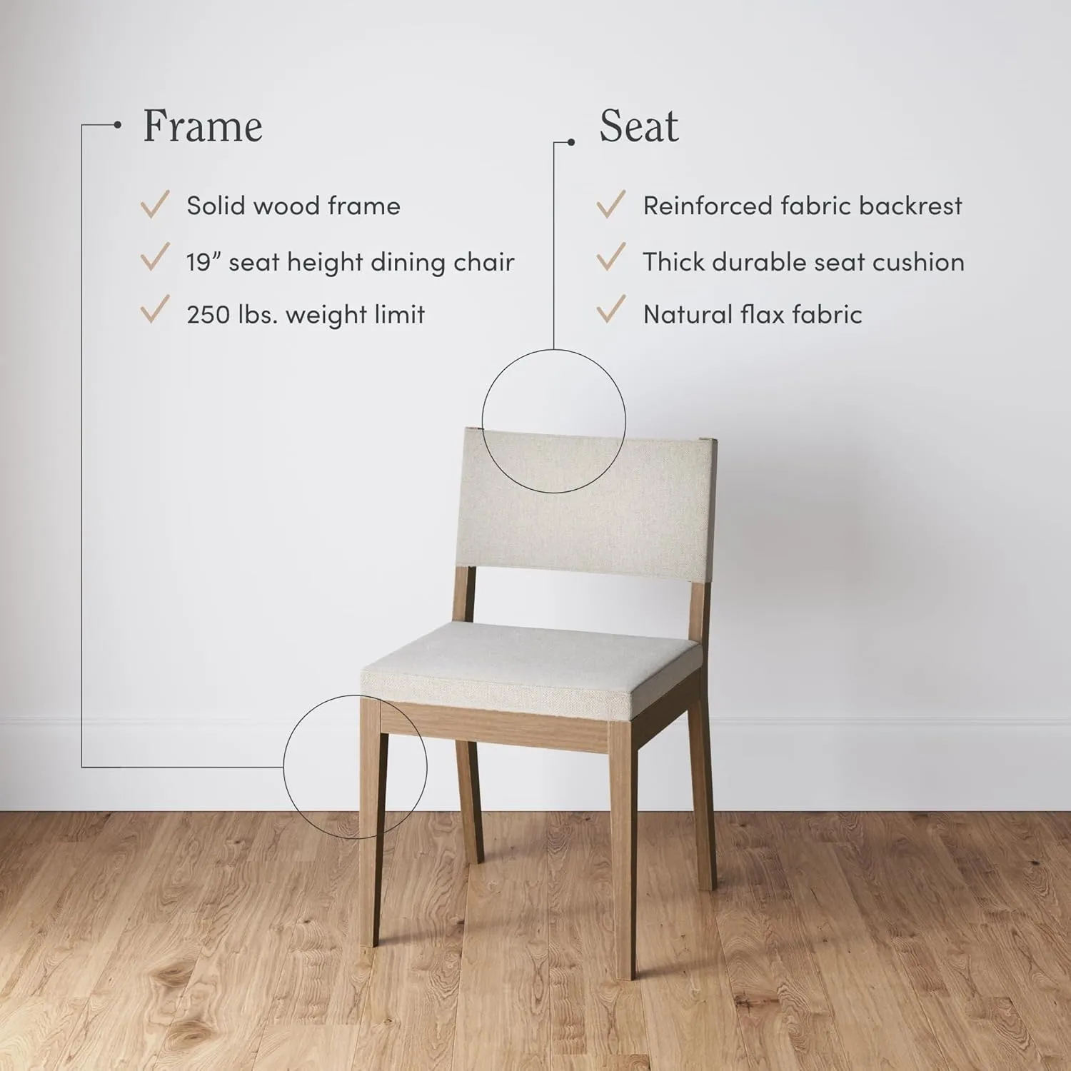 Nathan James Linus Modern Upholstered Dining Chair with Solid Rubberwood Legs in a Wire-Brushed Light Brown Finish, Natural Flax/Brown