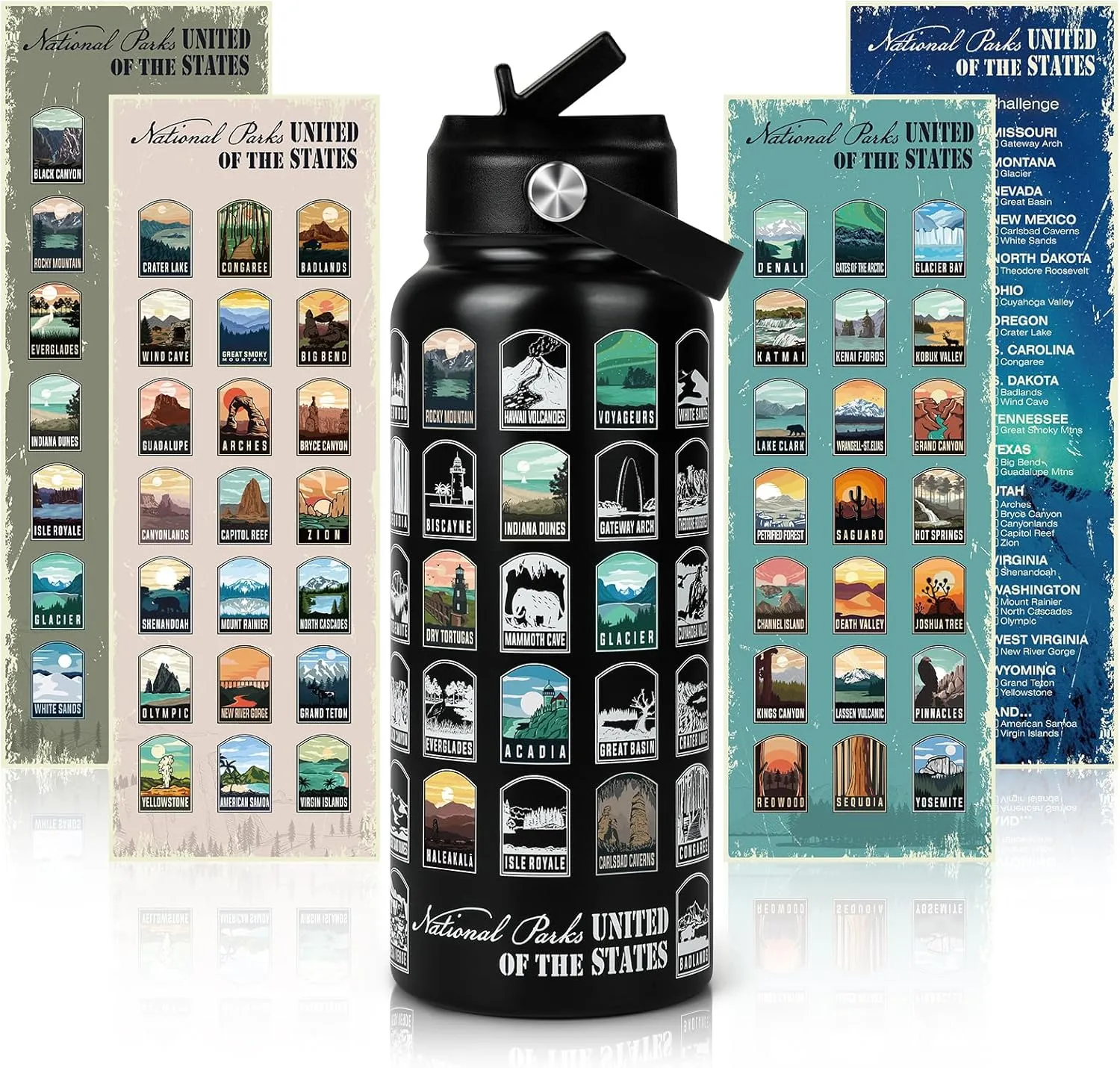 National Parks Water Bottle with Stickers | 32oz Leakproof Insulated Stainless Steel with Straw | Perfect for Hiking, Camping & Travel (Black)