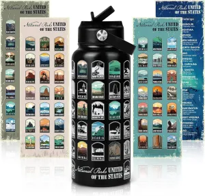 National Parks Water Bottle with Stickers | 32oz Leakproof Insulated Stainless Steel with Straw | Perfect for Hiking, Camping & Travel (Black)