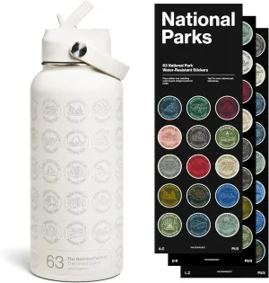 National Parks Water Bottle with Stickers Kit, Adventure Flask with Straw, Waterproof Stickers for Water Bottle, Insulated Stainless Steel 32oz (Tan)