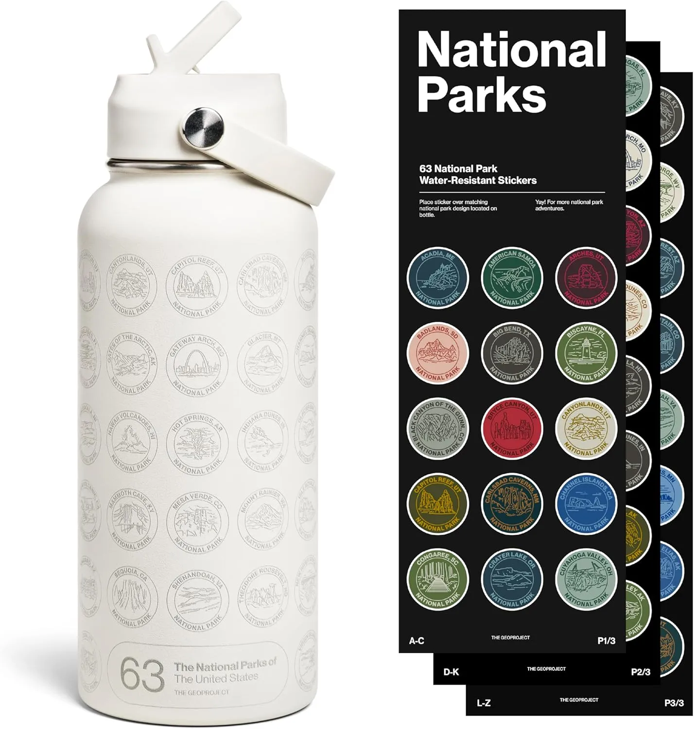 National Parks Water Bottle with Stickers Kit, Adventure Flask with Straw, Waterproof Stickers for Water Bottle, Insulated Stainless Steel 32oz (Tan)
