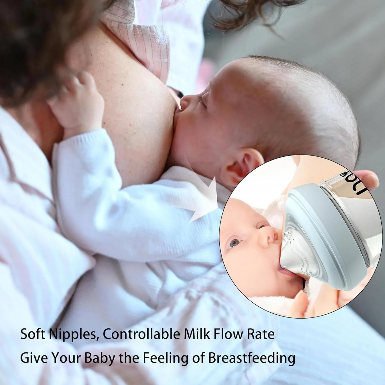 Natural Glass Baby Bottle for Breastfeeding Babies, 5.4oz Anti-Colic Baby Bottle with Natural Response Nipple(S), Clear, Wide Neck, 4 Pack, 1 Months 