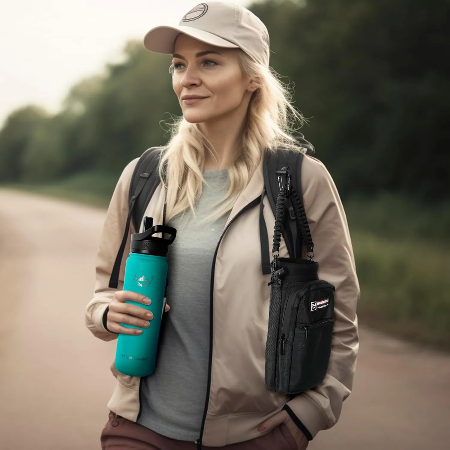 NATURE PIONEOR Insulated Water Bottles with Carrier Holder Sleeve - 24 ounce Stainless Steel Water Bottle with 3 Lids,straw,Keeps Hot and Cold