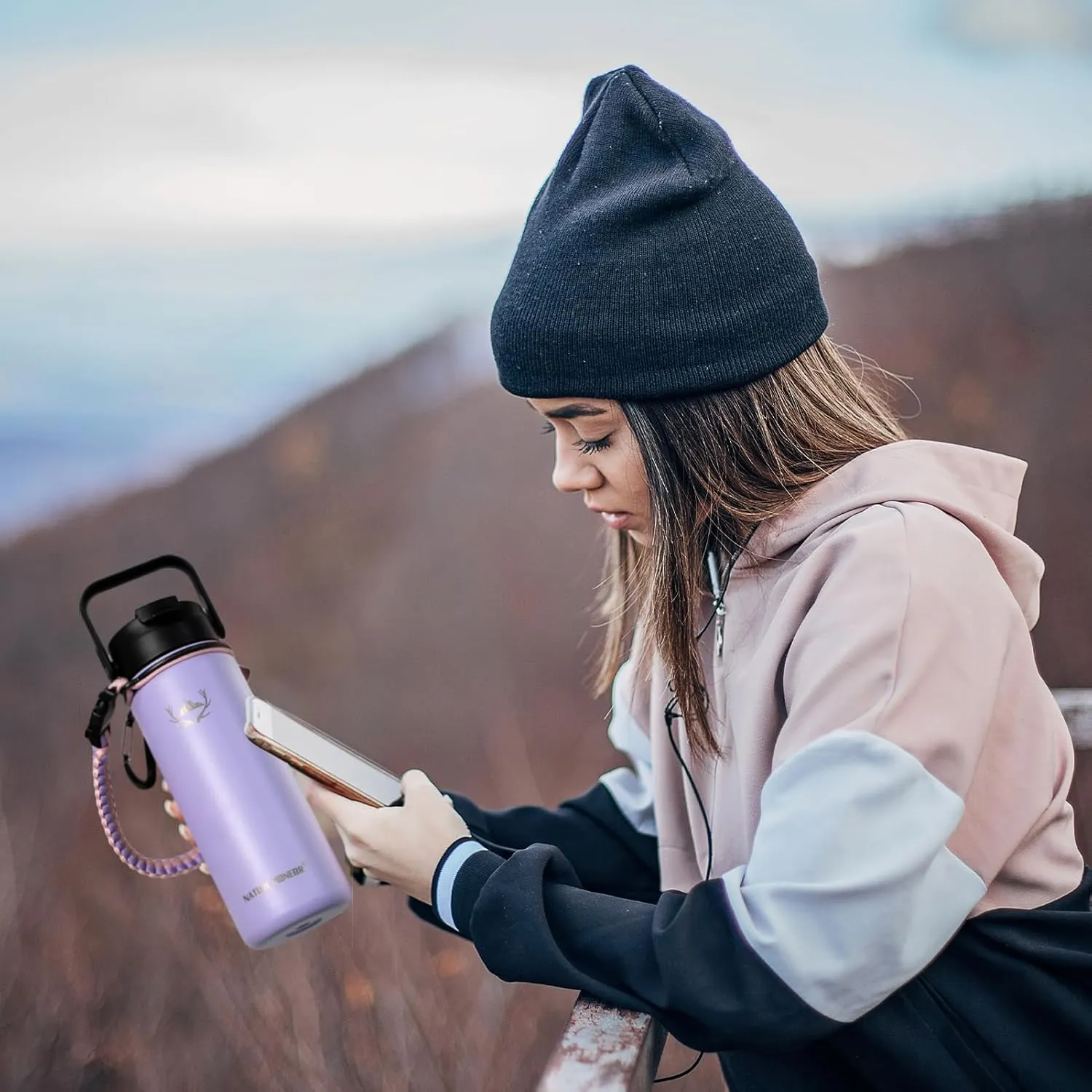 NATURE PIONEOR Insulated Water Bottles with Paracord Handle - 18 oz Vacuum Sports Wide Mouth Water Bottle with 3 Lids, Leak Proof Stainless Steel Keeps Hot and Cold