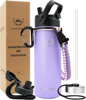 NATURE PIONEOR Insulated Water Bottles with Paracord Handle - 18 oz Vacuum Sports Wide Mouth Water Bottle with 3 Lids, Leak Proof Stainless Steel Keeps Hot and Cold