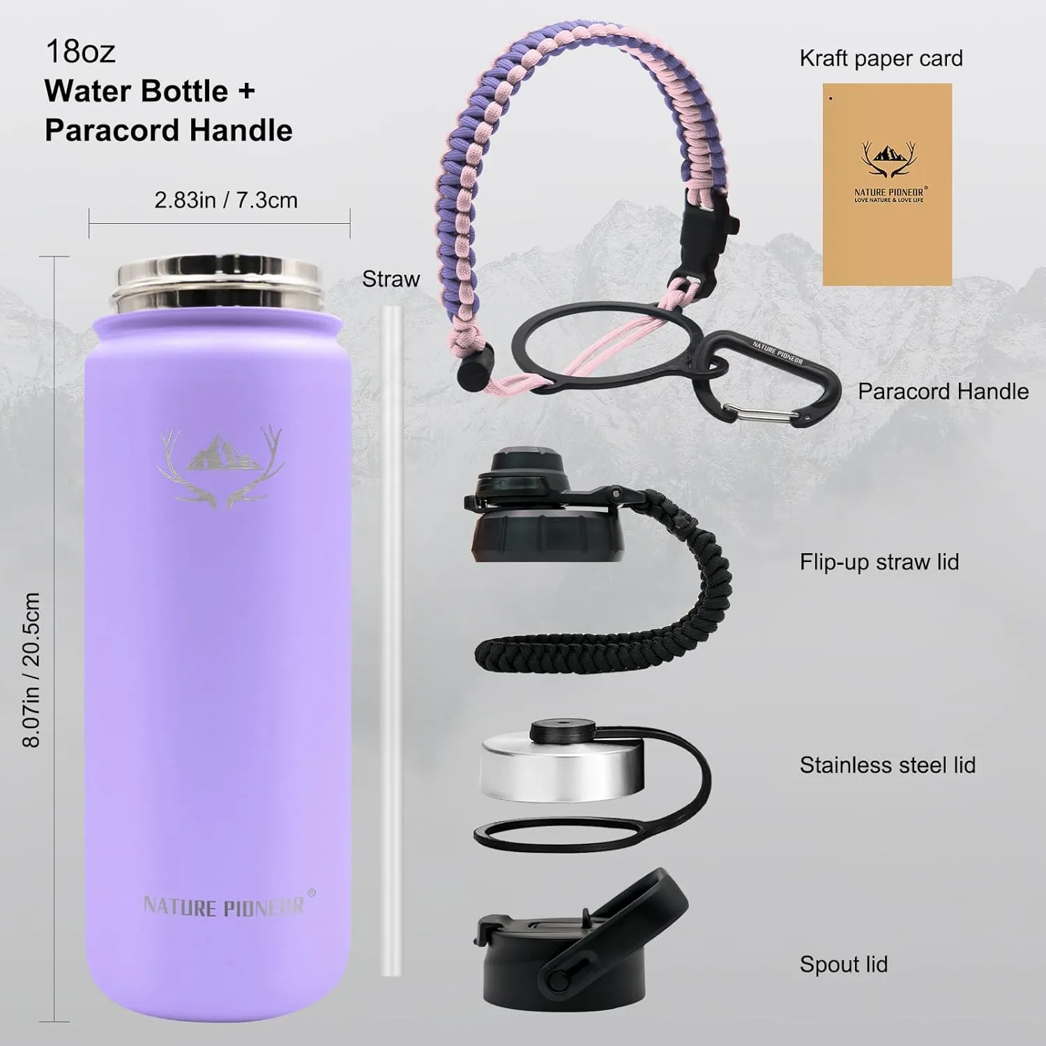 NATURE PIONEOR Insulated Water Bottles with Paracord Handle - 18 oz Vacuum Sports Wide Mouth Water Bottle with 3 Lids, Leak Proof Stainless Steel Keeps Hot and Cold