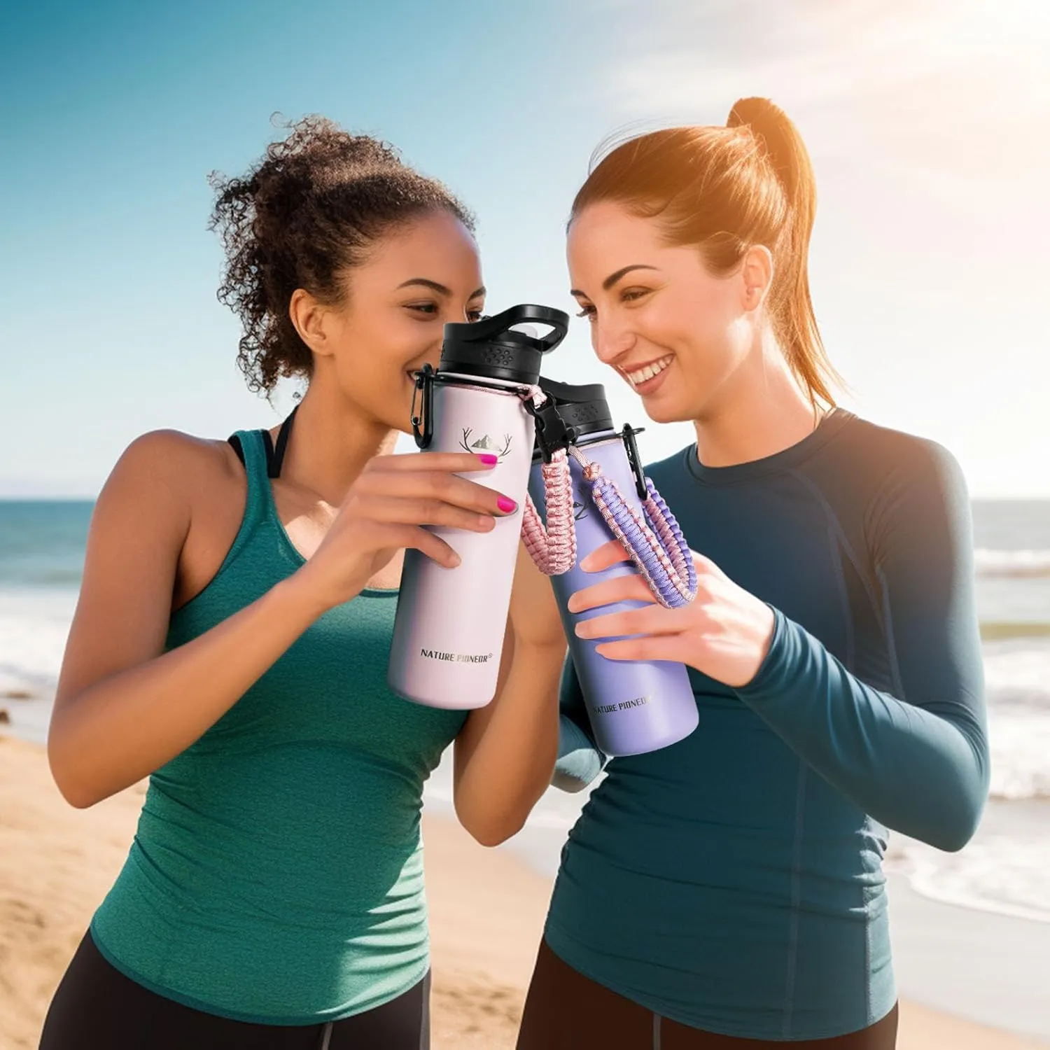 NATURE PIONEOR Insulated Water Bottles with Paracord Handle - 24 oz Vacuum Sports Wide Mouth Water Bottle with 3 Lids, Leak Proof Stainless Steel Keeps Hot and Cold