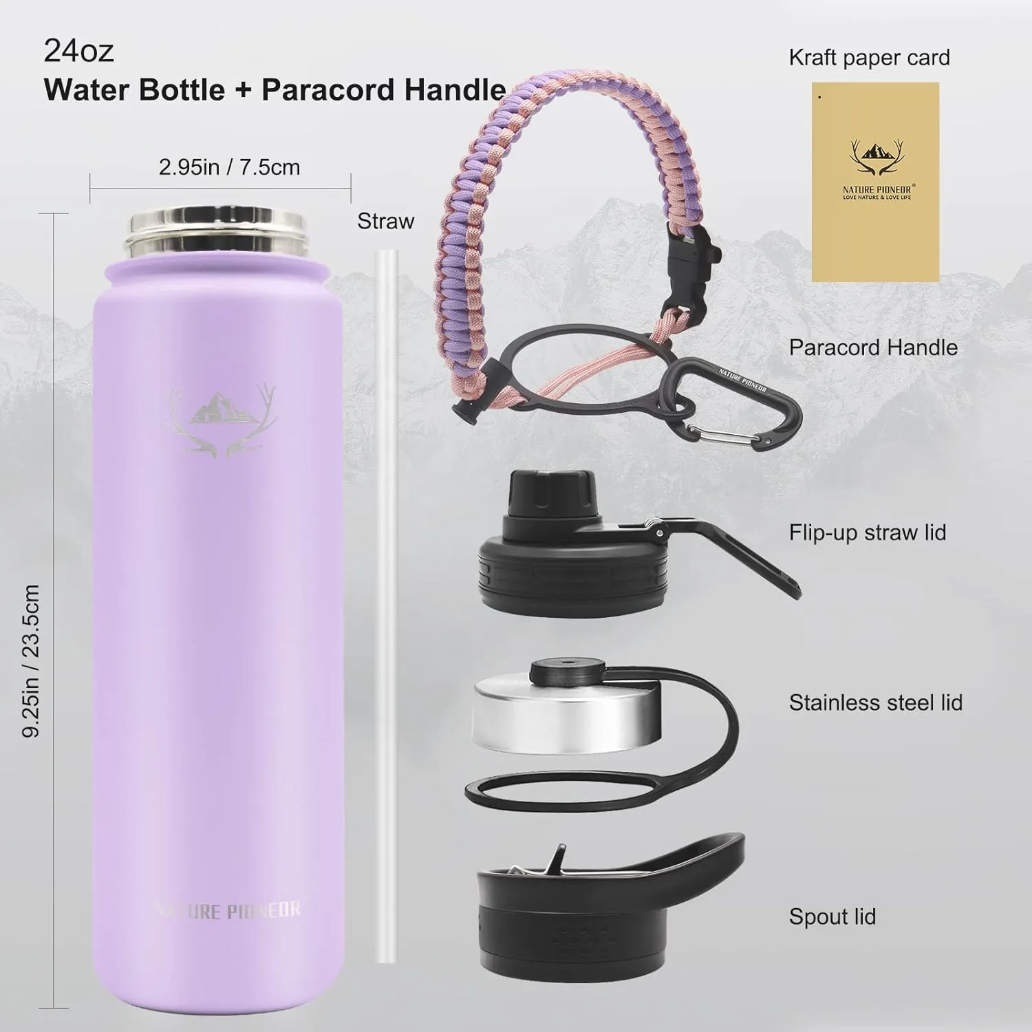 NATURE PIONEOR Insulated Water Bottles with Paracord Handle - 24 oz Vacuum Sports Wide Mouth Water Bottle with 3 Lids, Leak Proof Stainless Steel Keeps Hot and Cold