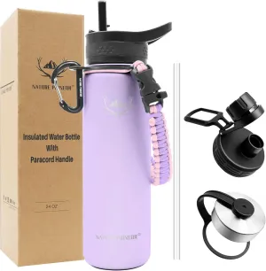 NATURE PIONEOR Insulated Water Bottles with Paracord Handle - 24 oz Vacuum Sports Wide Mouth Water Bottle with 3 Lids, Leak Proof Stainless Steel Keeps Hot and Cold