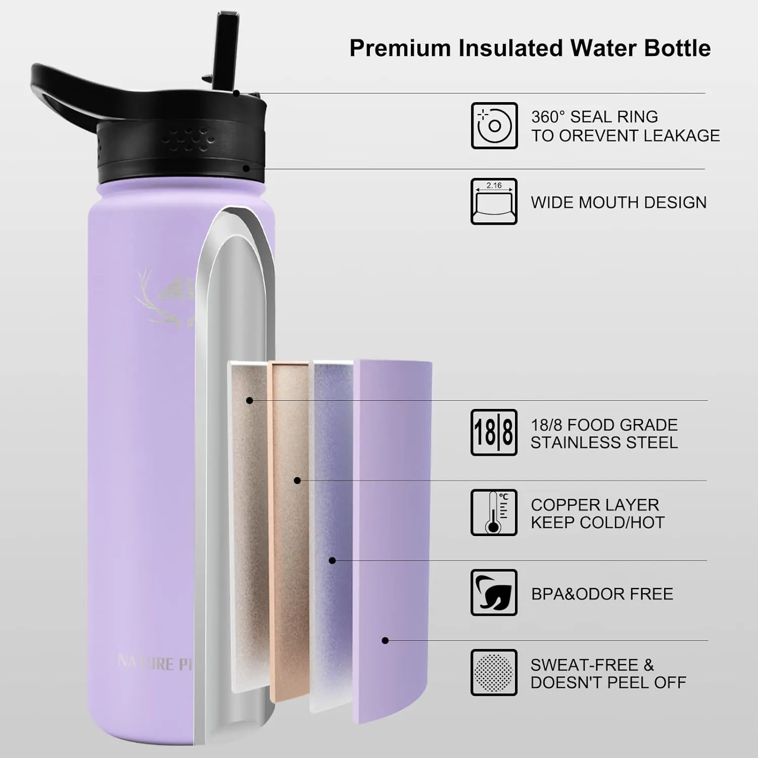 NATURE PIONEOR Insulated Water Bottles with Paracord Handle - 24 oz Vacuum Sports Wide Mouth Water Bottle with 3 Lids, Leak Proof Stainless Steel Keeps Hot and Cold