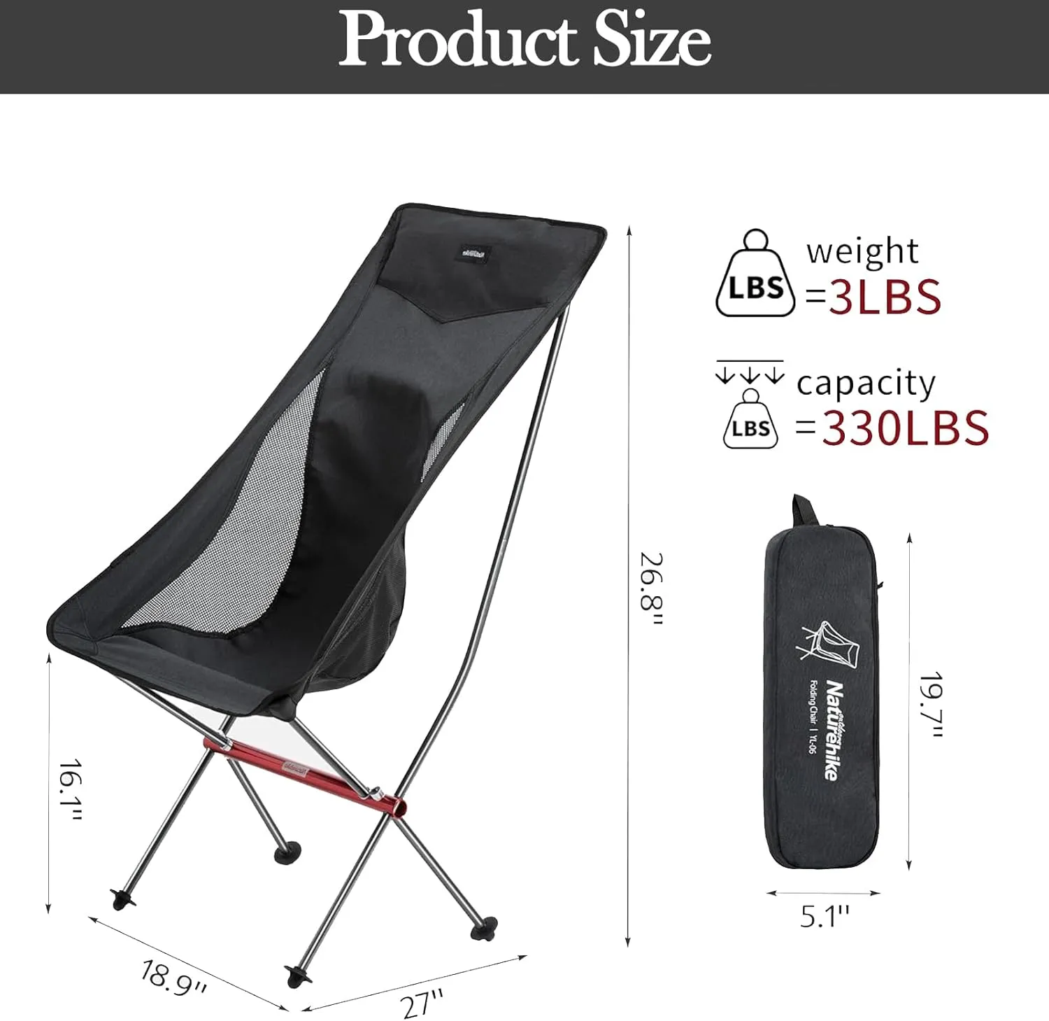 Naturehike Camping Chair, Foldable Chair with Storage Bag, Outdoor Portable Chair for Adults, Lightweight, Supports 330lbs, Backpacking Chair for Fishing, Hiking, Beach, Lawn (Black/L)