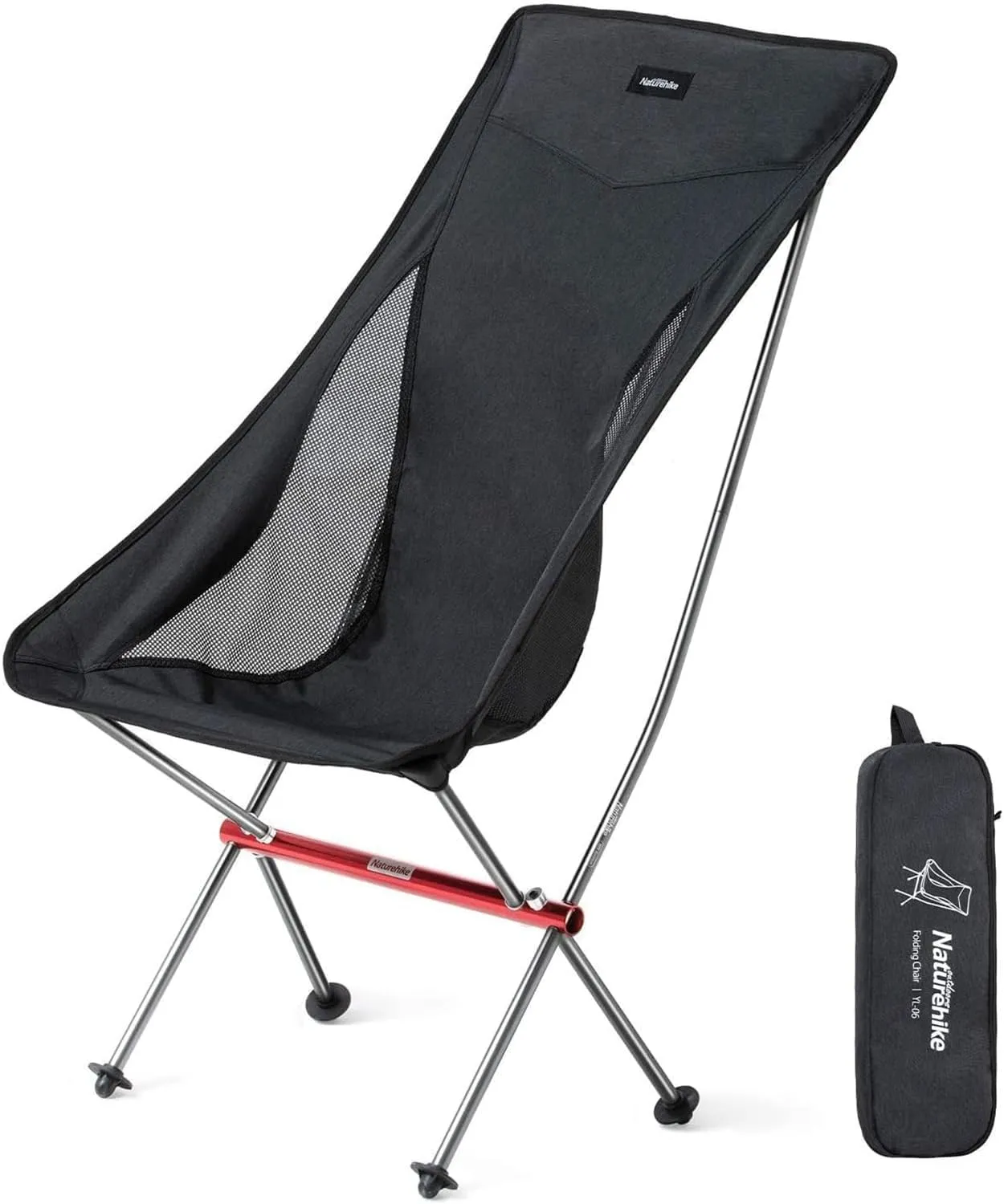 Naturehike Camping Chair, Foldable Chair with Storage Bag, Outdoor Portable Chair for Adults, Lightweight, Supports 330lbs, Backpacking Chair for Fishing, Hiking, Beach, Lawn (Black/L)