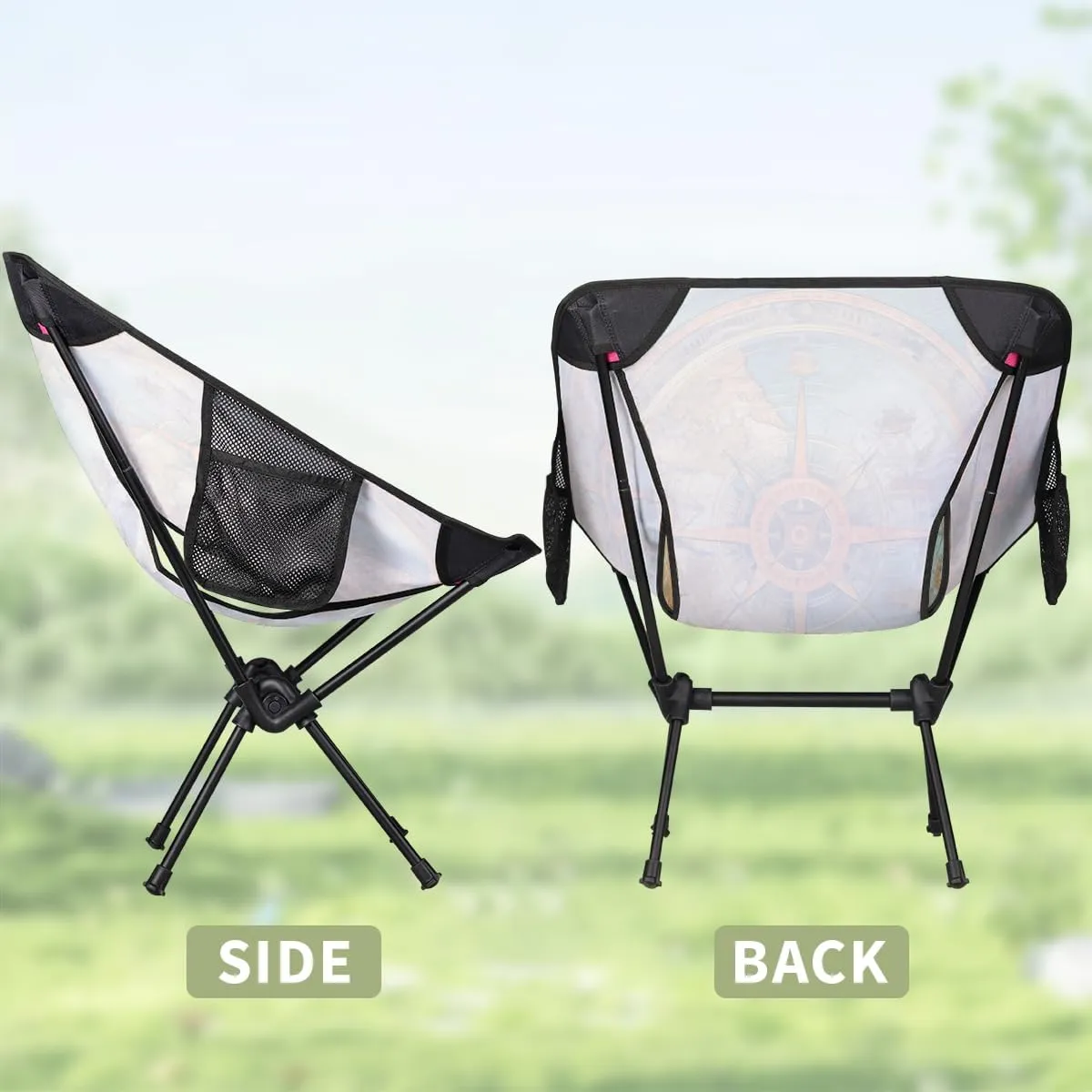 Nautical Ship Compass Portable Camping Chair Lightweight Folding Backpacking Chair, Compact Foldable Beach Seat with Carry Bag for Outdoor Hiking Fishing Travel