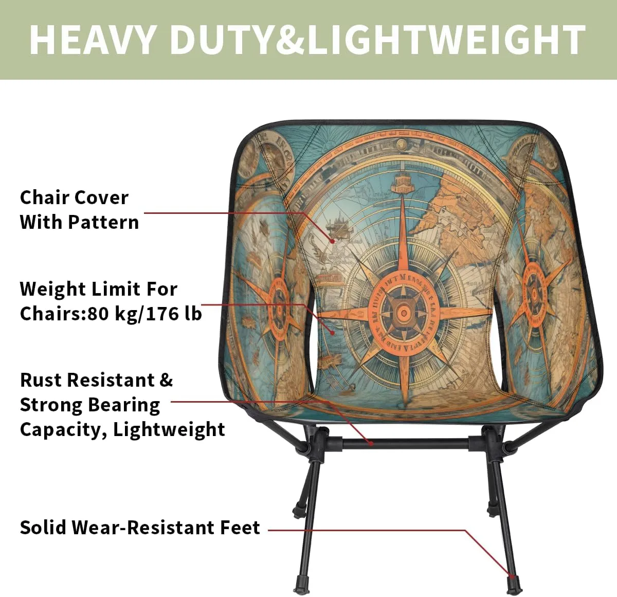 Nautical Ship Compass Portable Camping Chair Lightweight Folding Backpacking Chair, Compact Foldable Beach Seat with Carry Bag for Outdoor Hiking Fishing Travel