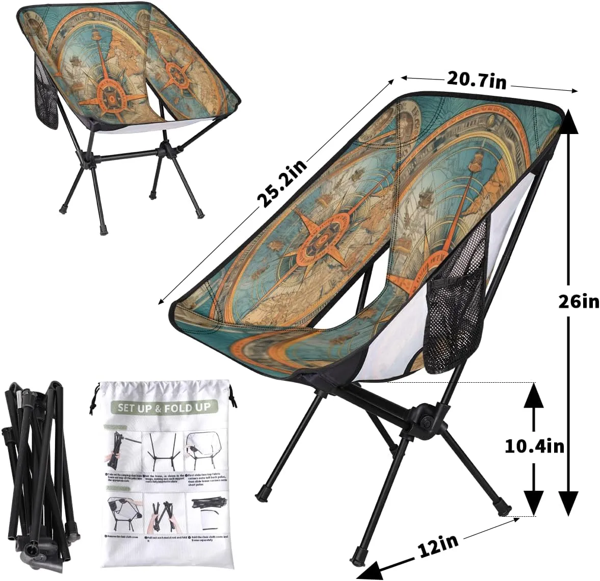 Nautical Ship Compass Portable Camping Chair Lightweight Folding Backpacking Chair, Compact Foldable Beach Seat with Carry Bag for Outdoor Hiking Fishing Travel
