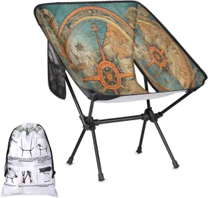 Nautical Ship Compass Portable Camping Chair Lightweight Folding Backpacking Chair, Compact Foldable Beach Seat with Carry Bag for Outdoor Hiking Fishing Travel