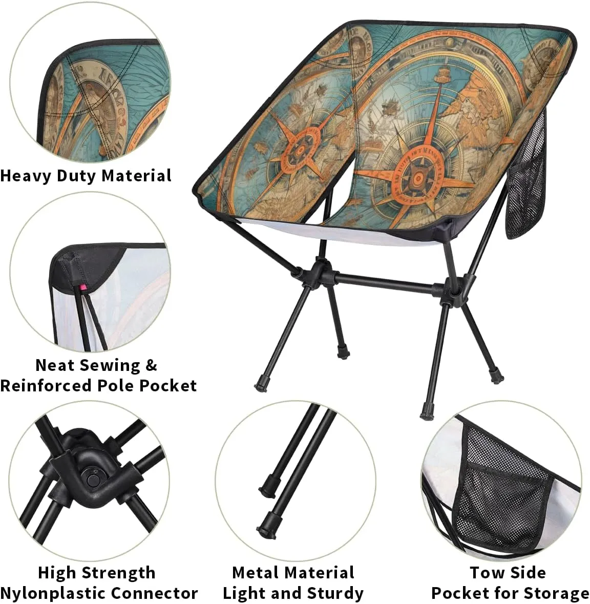 Nautical Ship Compass Portable Camping Chair Lightweight Folding Backpacking Chair, Compact Foldable Beach Seat with Carry Bag for Outdoor Hiking Fishing Travel
