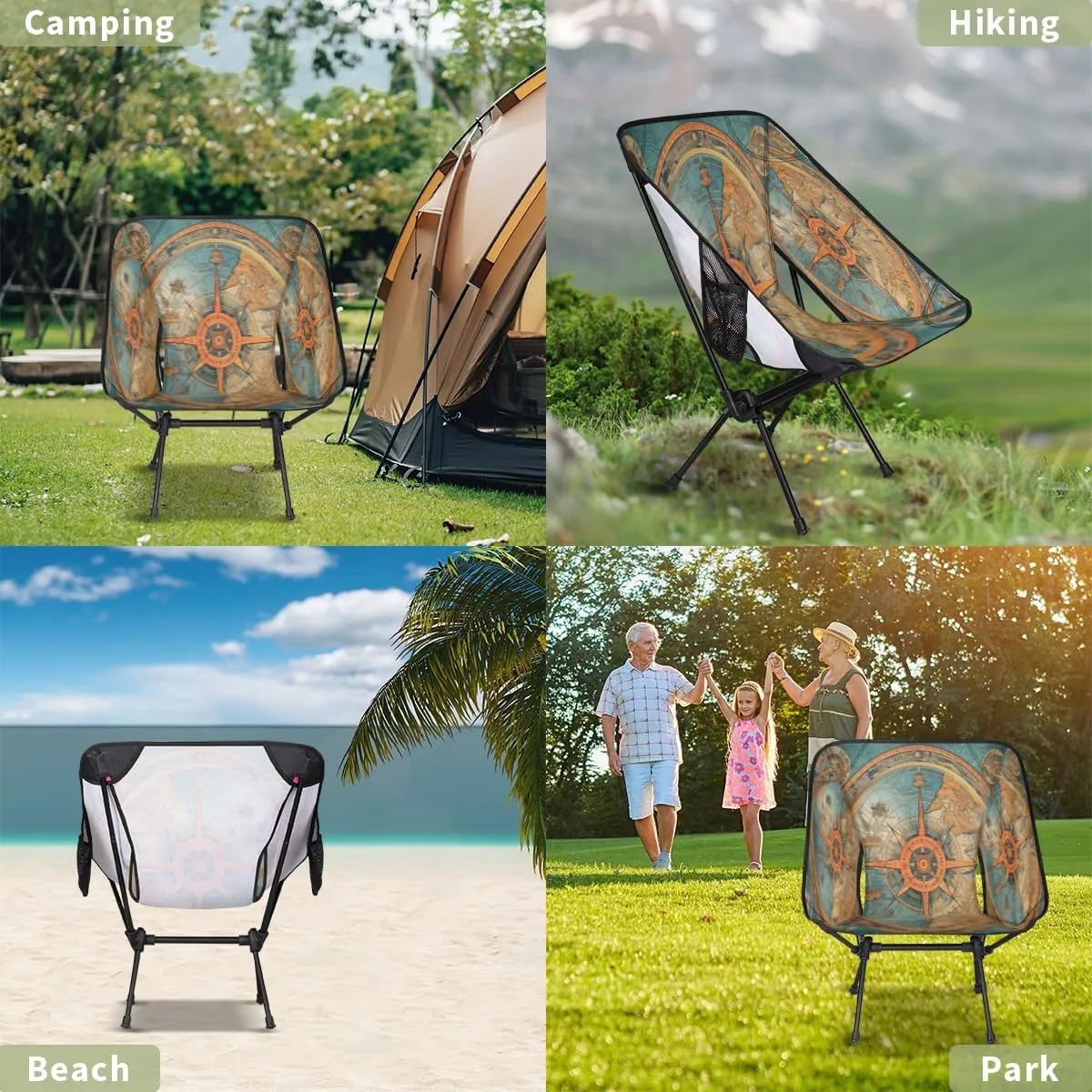 Nautical Ship Compass Portable Camping Chair Lightweight Folding Backpacking Chair, Compact Foldable Beach Seat with Carry Bag for Outdoor Hiking Fishing Travel