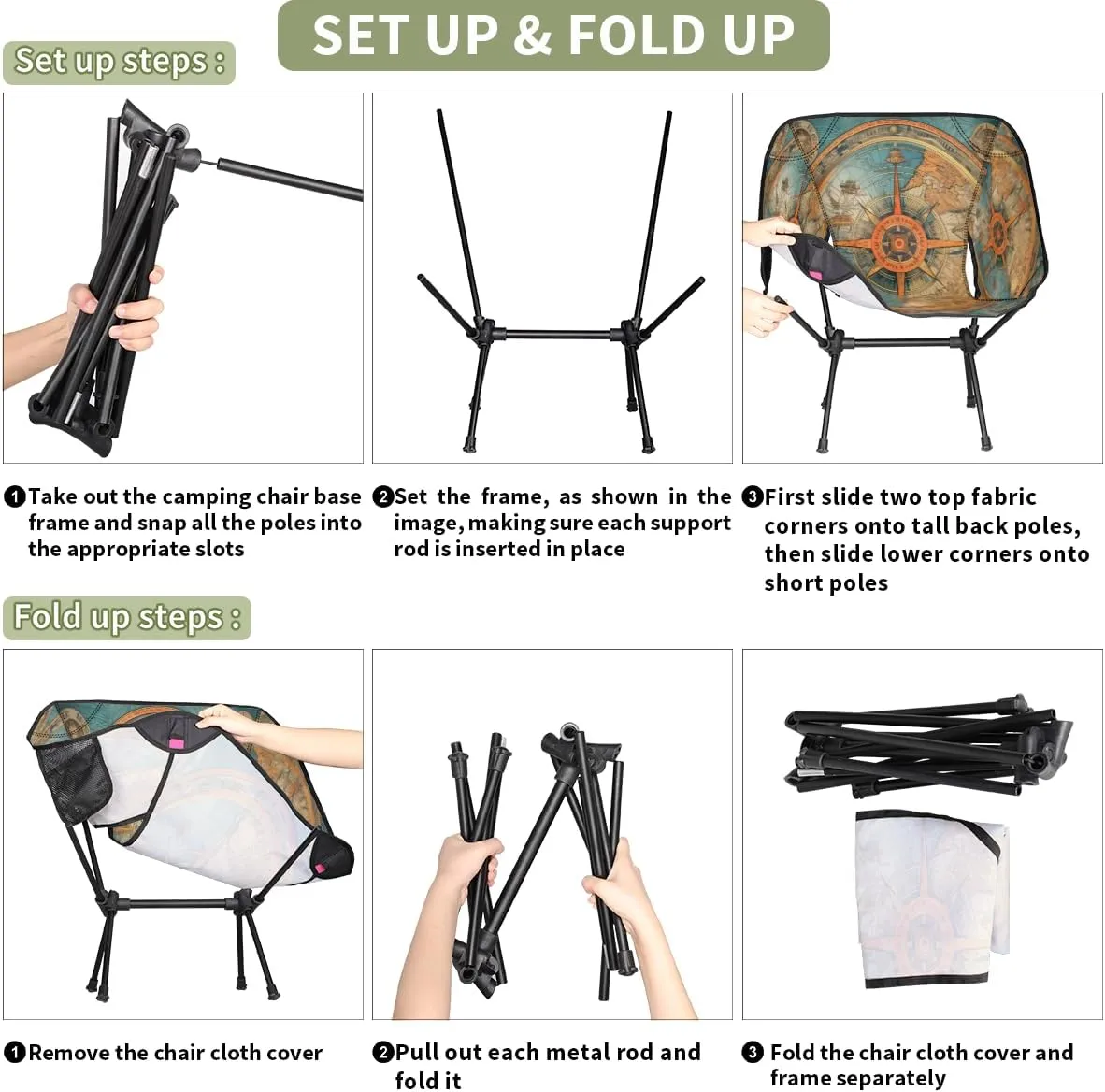 Nautical Ship Compass Portable Camping Chair Lightweight Folding Backpacking Chair, Compact Foldable Beach Seat with Carry Bag for Outdoor Hiking Fishing Travel