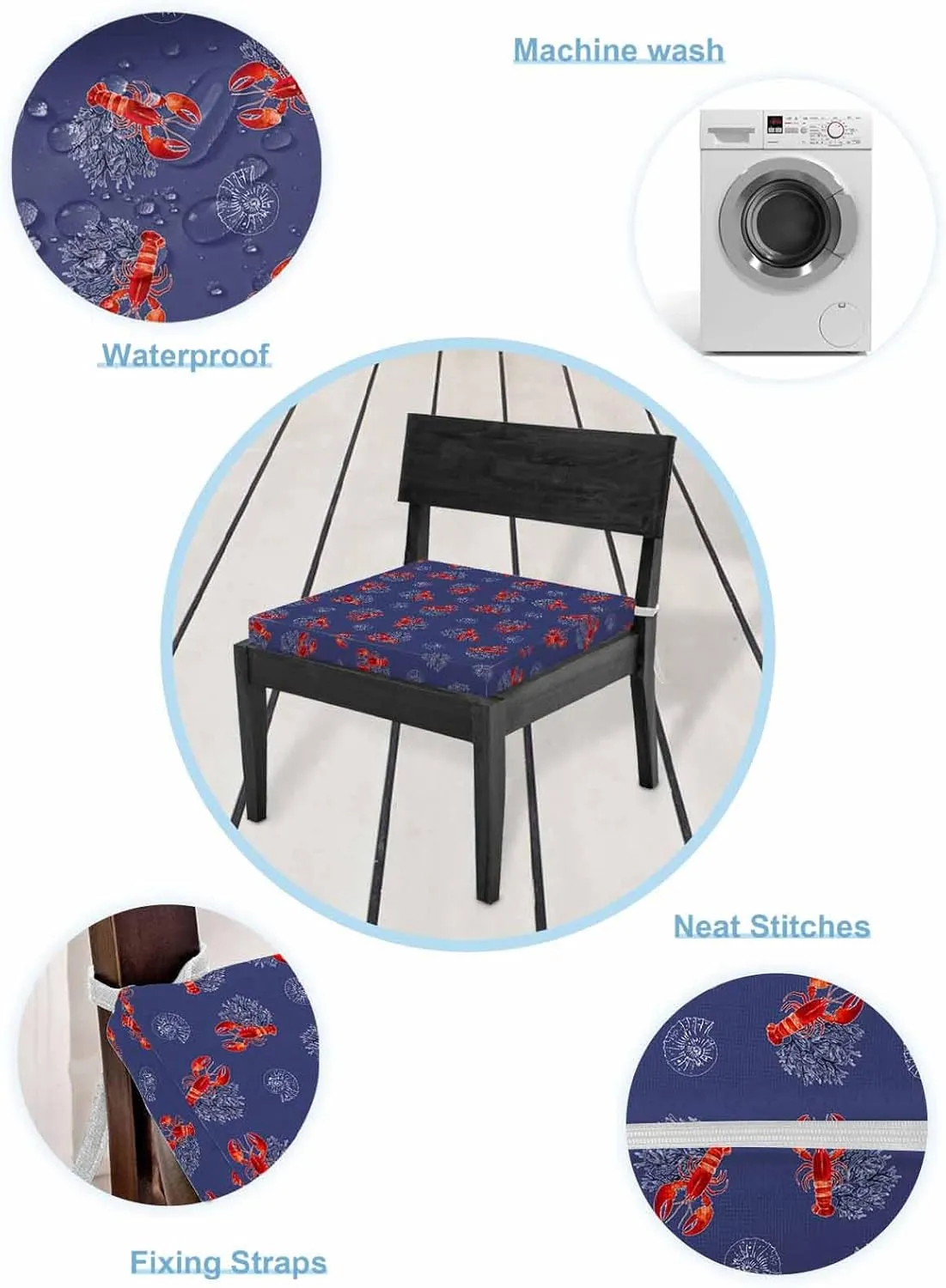 Navy Blue Coastal Outdoor Cushion Chair Cover Set of 2 - Waterproof Couch Seat Covers, Red Lobster Nautical Ocean Patio Furniture Protector Cushions Slipcovers for Sofa/RV, 20"x18"x4"