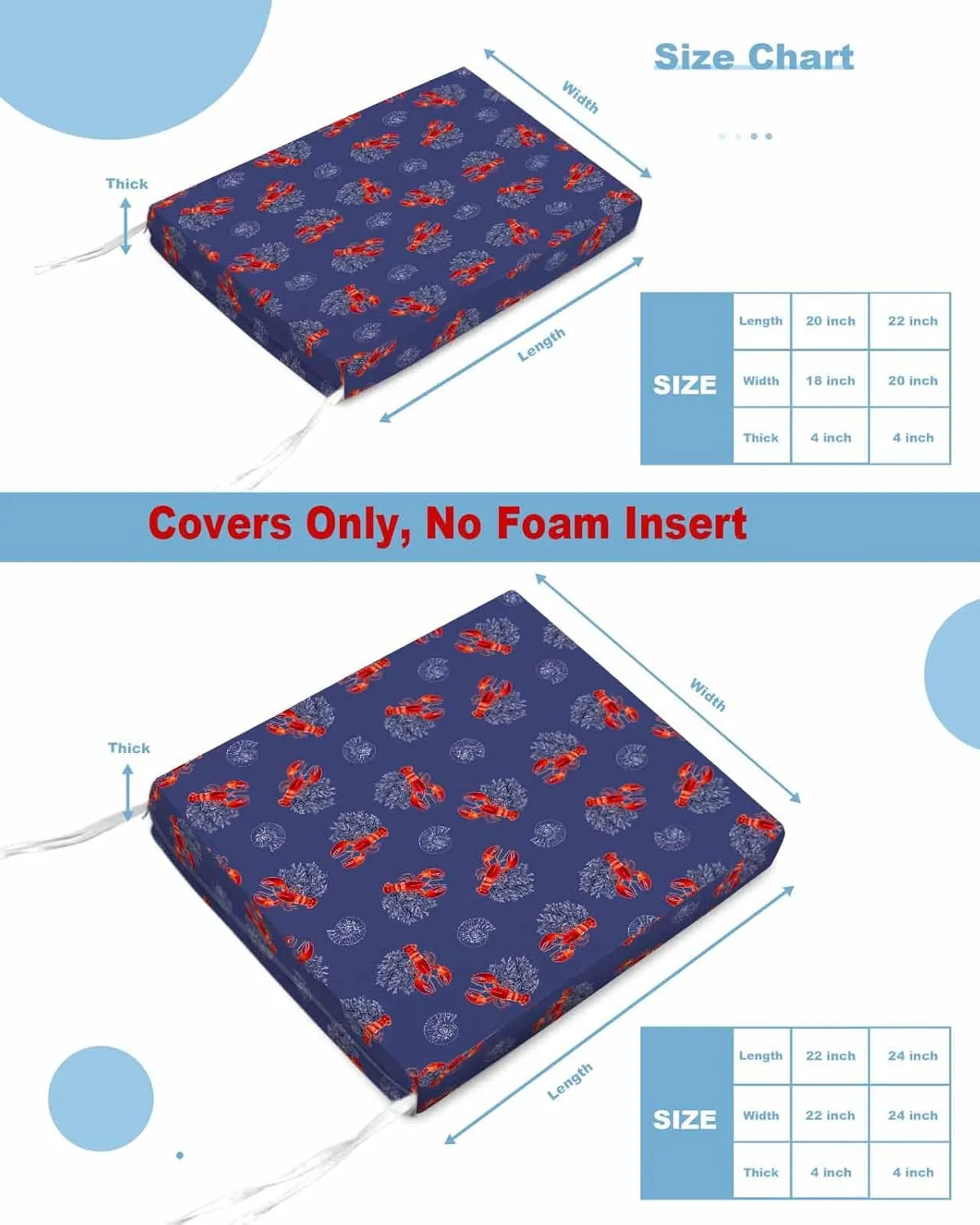 Navy Blue Coastal Outdoor Cushion Chair Cover Set of 2 - Waterproof Couch Seat Covers, Red Lobster Nautical Ocean Patio Furniture Protector Cushions Slipcovers for Sofa/RV, 20"x18"x4"