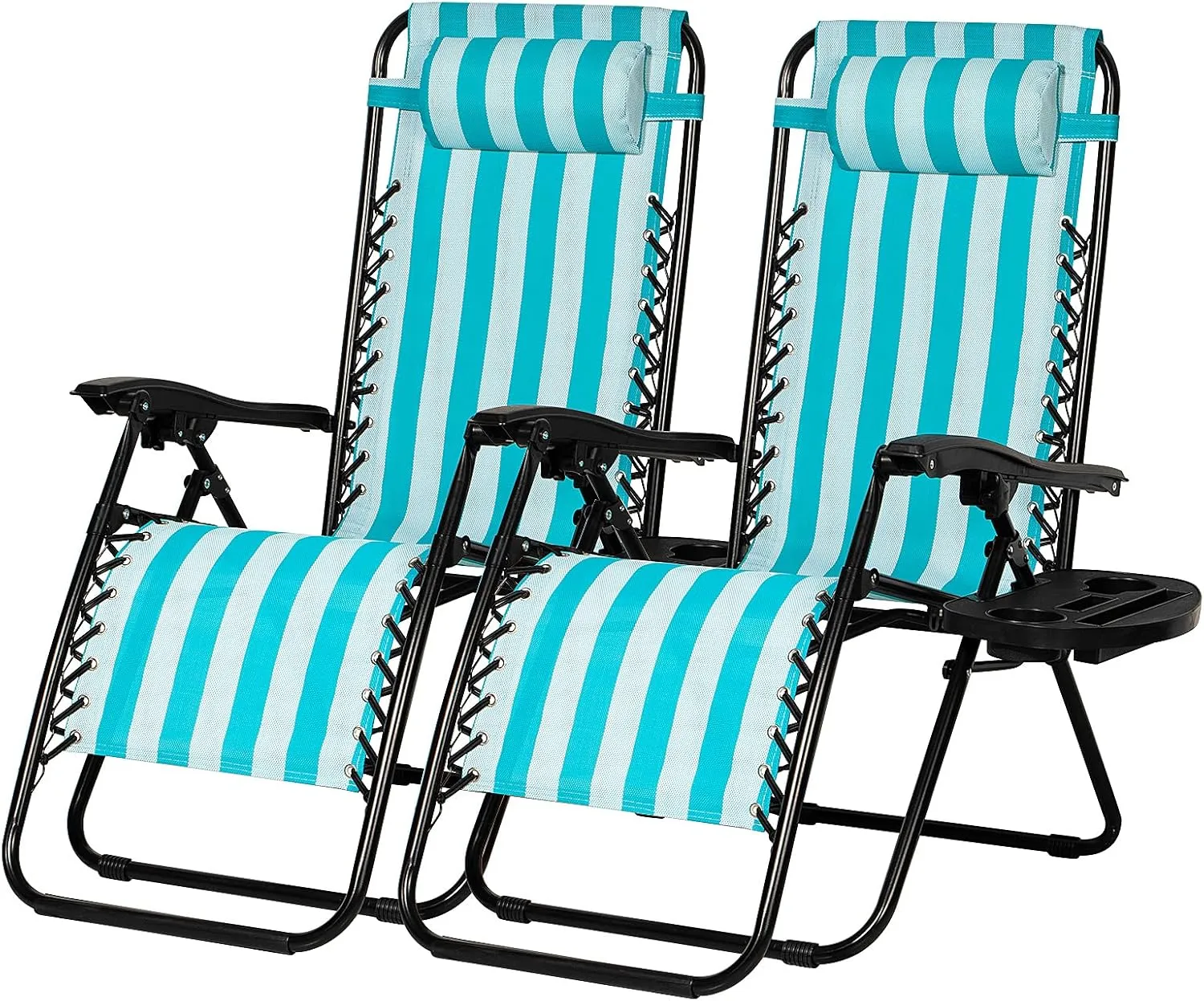 Nazhura Set of 2 Relaxing Recliners Patio Chairs Adjustable Steel Mesh Zero Gravity Lounge Chair Beach Chairs with Pillow and Cup Holder (Light Blue Stripe)
