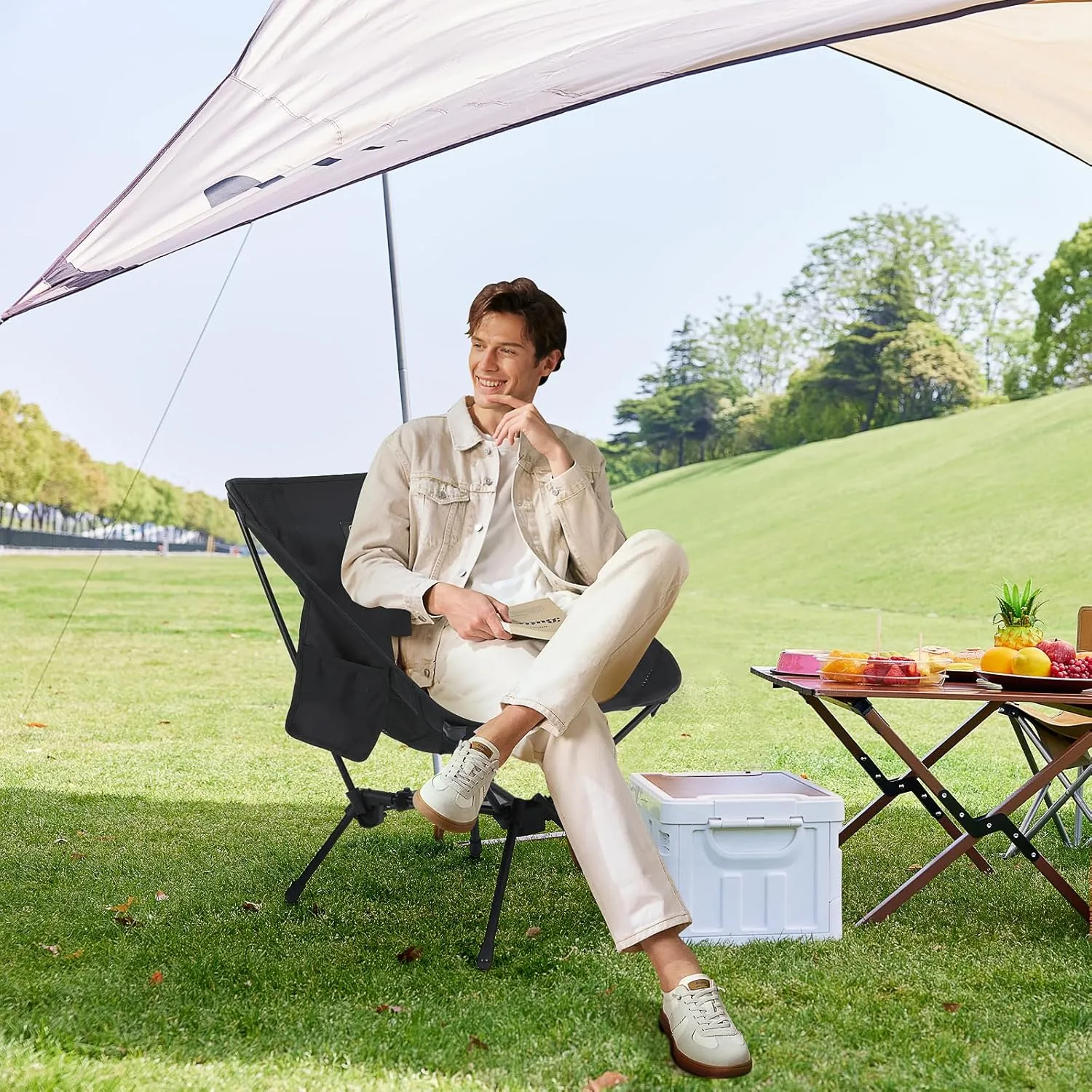 Nice C Camping Chair with Canopy, Folding Beach Chair with Sunshade, Portable Backpack Chairs, Low Profile, High Back, Carry Bag, Lightweight (1-Pack, Black)