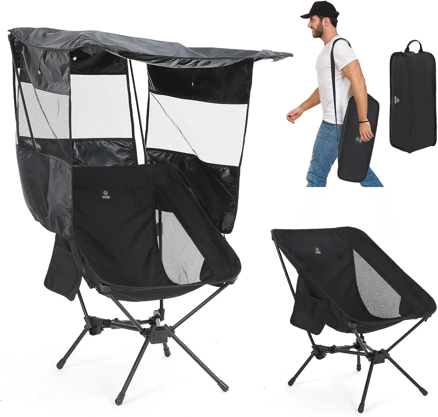 Nice C Camping Chair with Canopy, Folding Beach Chair with Sunshade, Portable Backpack Chairs, Low Profile, High Back, Carry Bag, Lightweight (1-Pack, Black)
