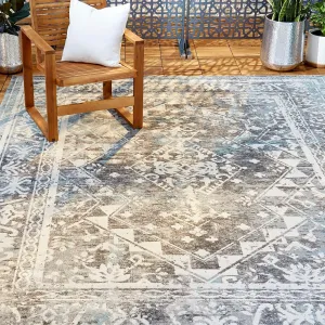 Nicole Miller New York Patio Sofia Ivy Transitional Distressed Indoor/Outdoor Area Rug, Grey/Aqua, 7'9"x10'2"